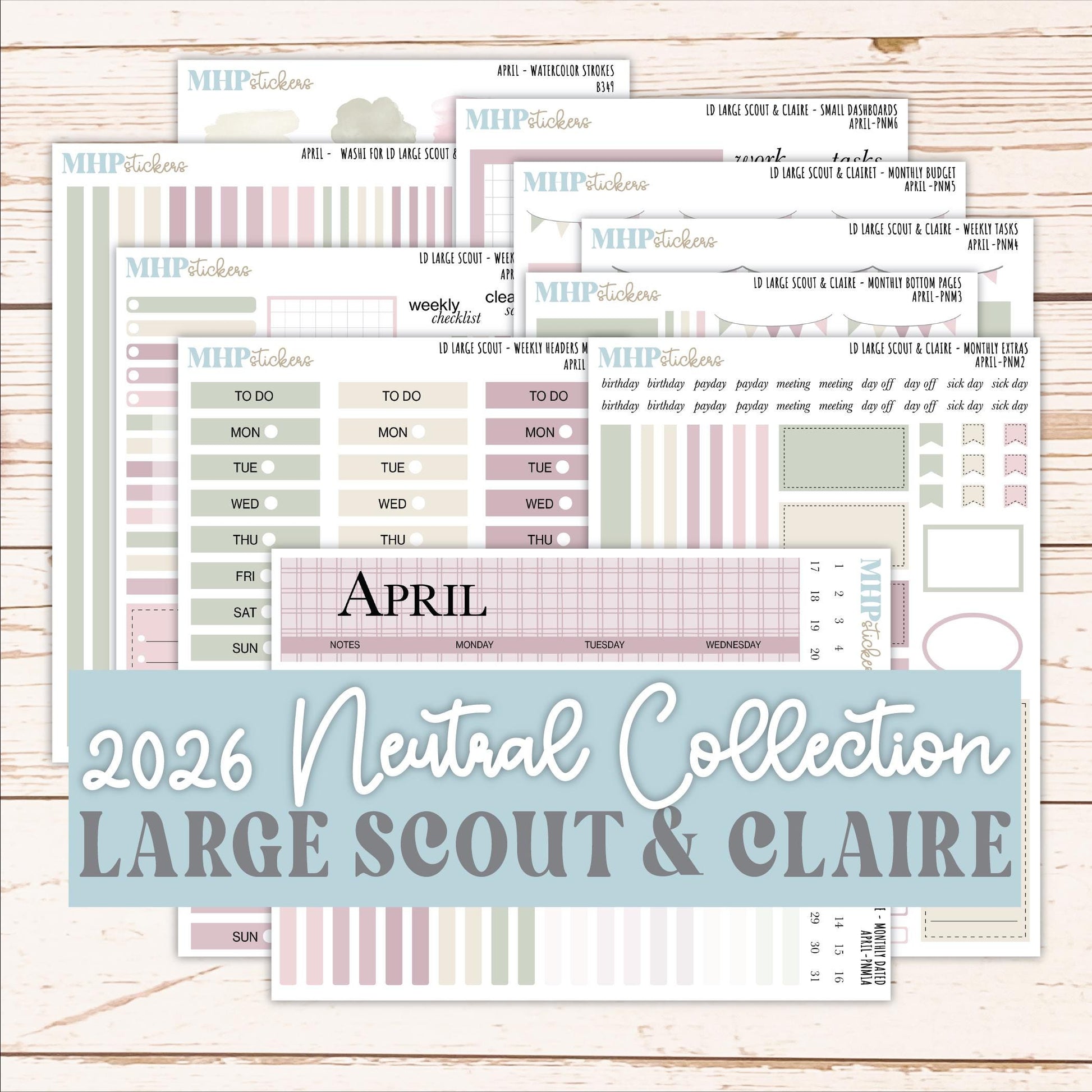 APRIL Neutral Color Stickers for the Large Scout & Claire Laurel Denise Planners || PTN26