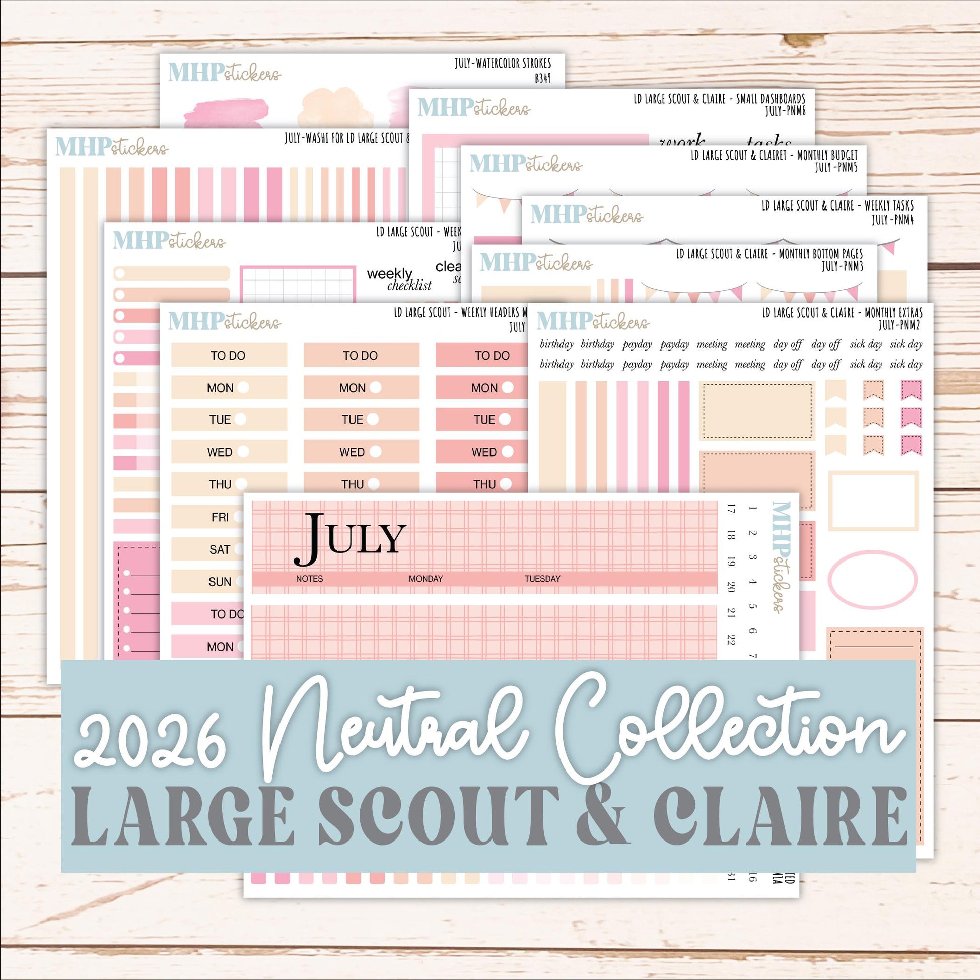 JULY Neutral Color Stickers for the Large Scout & Claire Laurel Denise Planners || PTN26