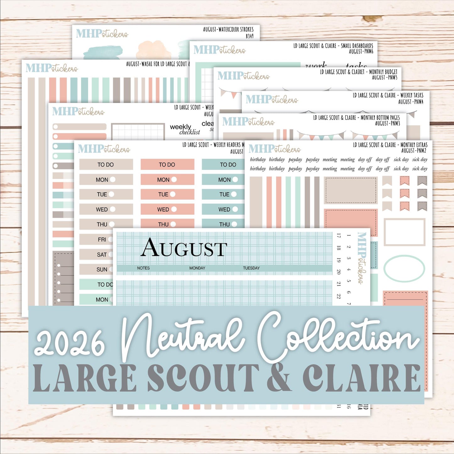 AUGUST Neutral Color Stickers for the Large Scout & Claire Laurel Denise Planners || PTN26