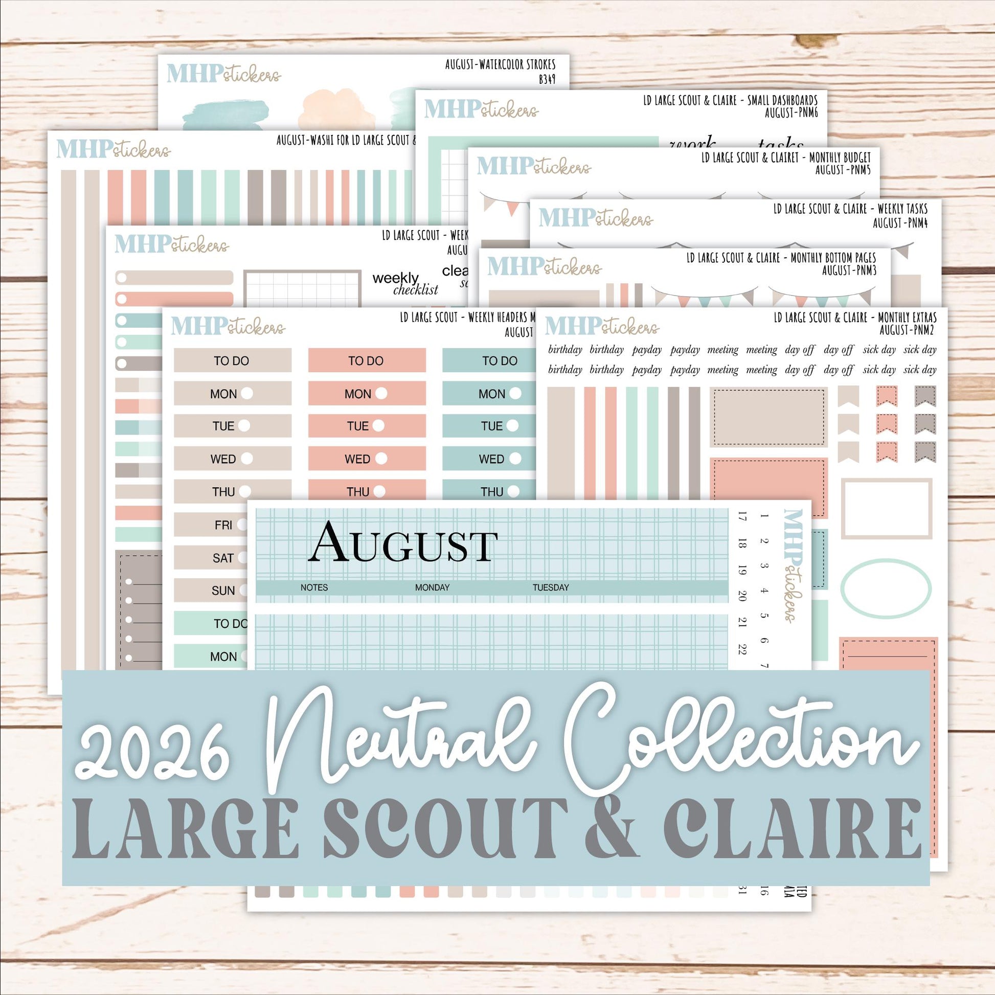 AUGUST Neutral Color Stickers for the Large Scout & Claire Laurel Denise Planners || PTN26