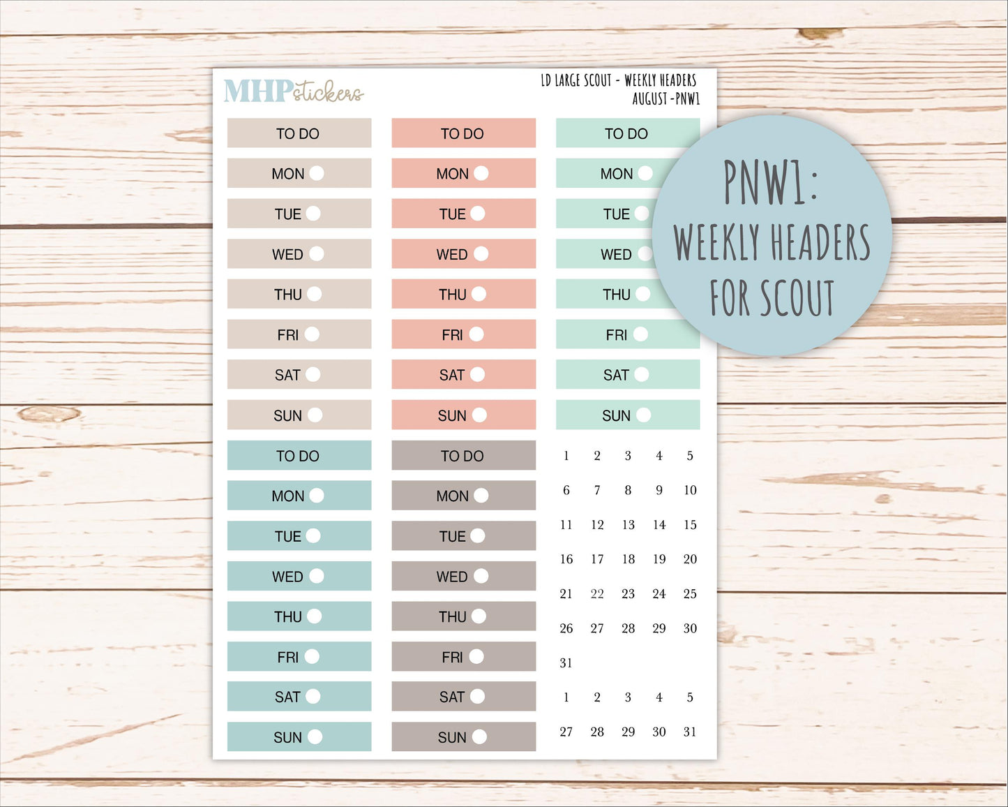 AUGUST Neutral Color Stickers for the Large Scout & Claire Laurel Denise Planners || PTN26