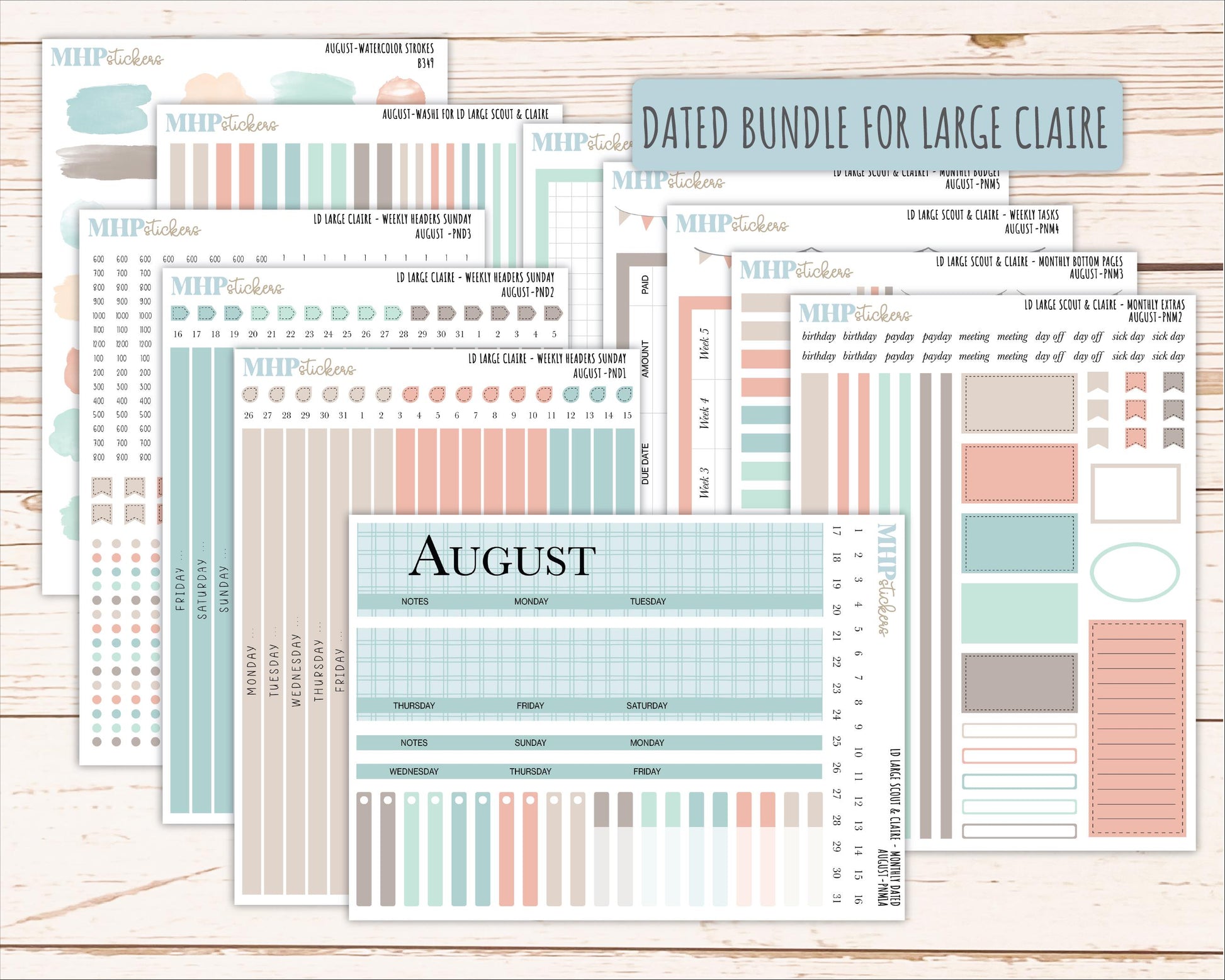 AUGUST Neutral Color Stickers for the Large Scout & Claire Laurel Denise Planners || PTN26