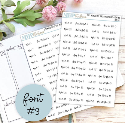 2027 Weeks of the Year Stickers MONDAY START for Planners and Bullet Journals. || F821