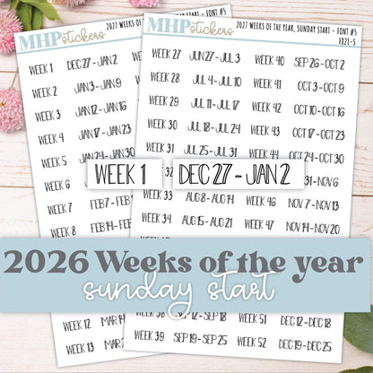 2027 Weeks of the Year Stickers SUNDAY START for Planners and Bullet Journals. || F821