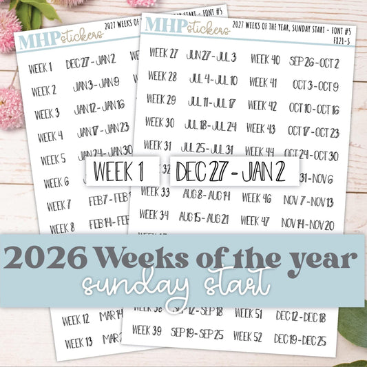 2027 Weeks of the Year Stickers SUNDAY START for Planners and Bullet Journals. || F821