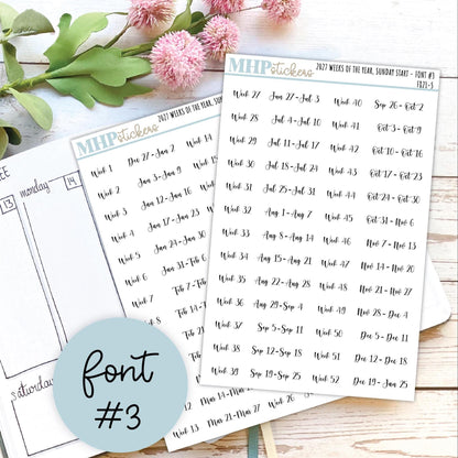 2027 Weeks of the Year Stickers SUNDAY START for Planners and Bullet Journals. || F821