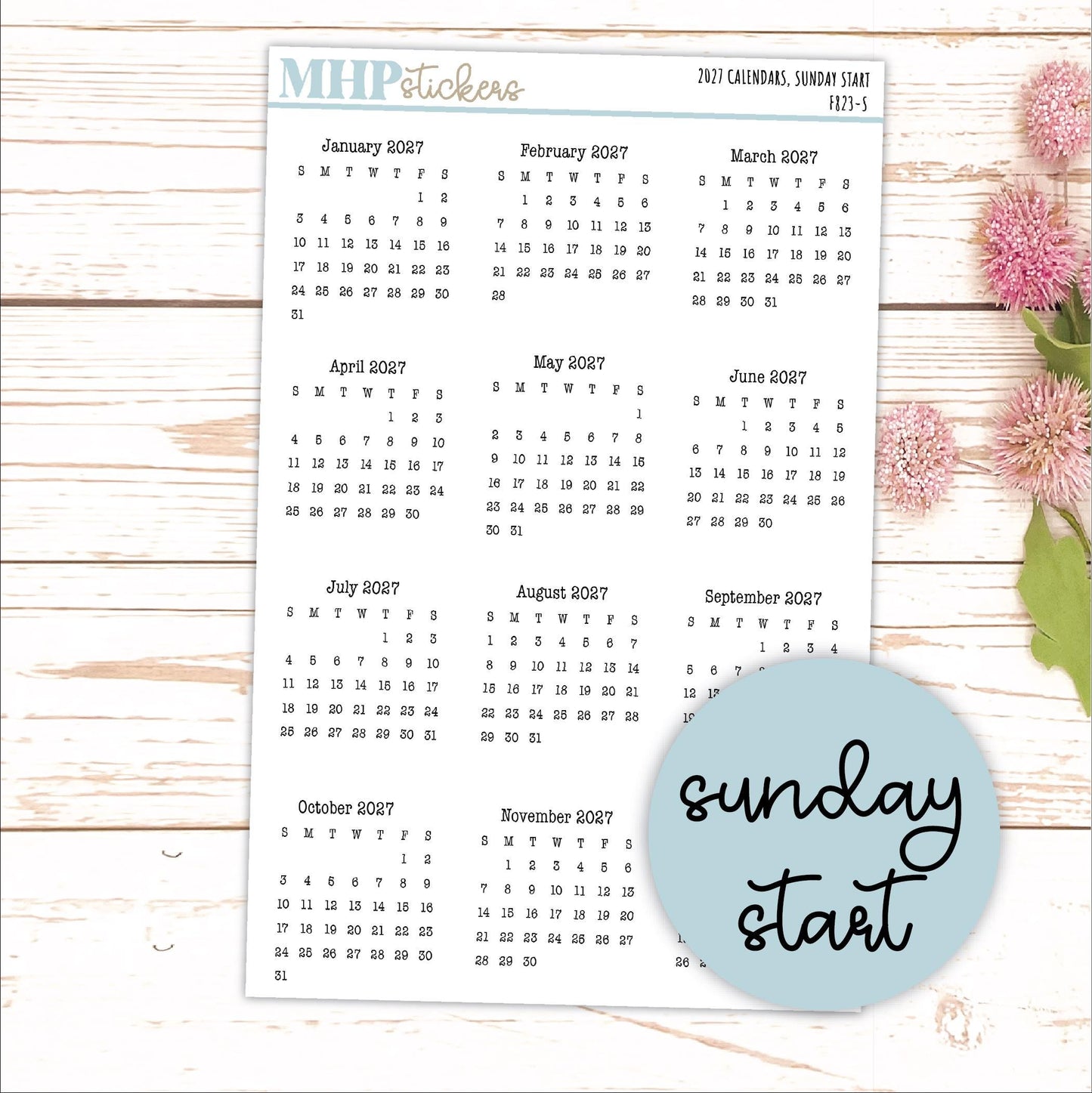 Small 2027 Calendar Stickers for Planners and Bullet Journals || F823