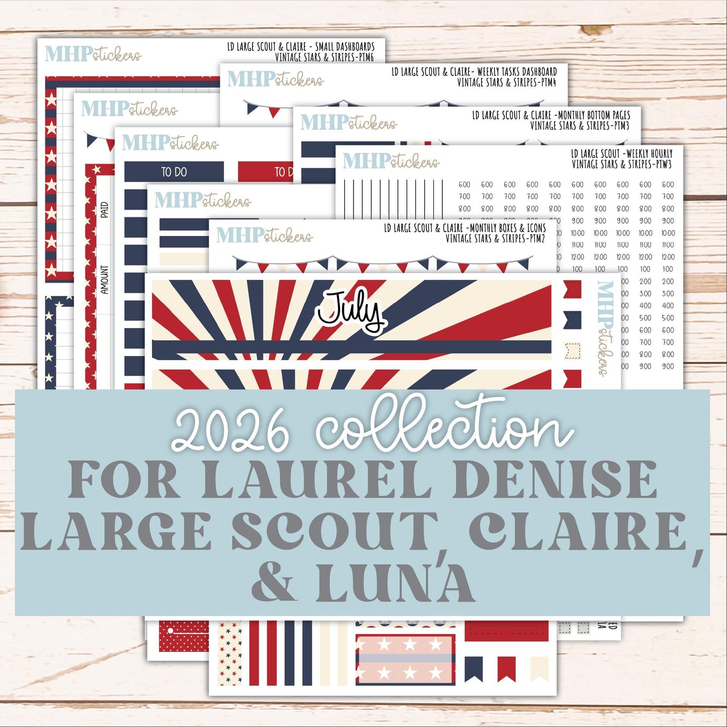 JULY 2026 Stickers for the Large Scout & Large Claire Laurel Denise Planners "Vintage Stars and Stripes" || PT