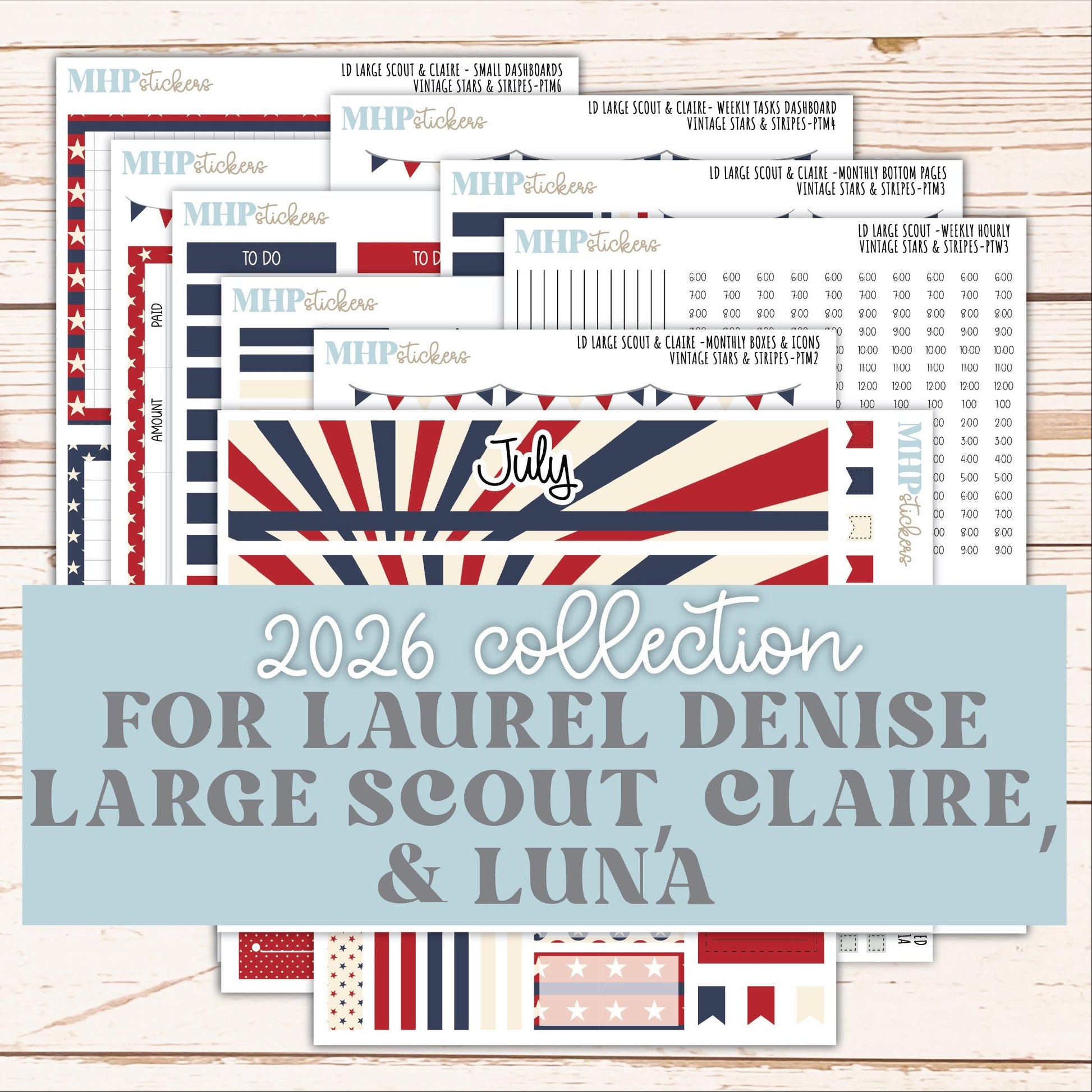 JULY 2026 Stickers for the Large Scout & Large Claire Laurel Denise Planners "Vintage Stars and Stripes" || PT