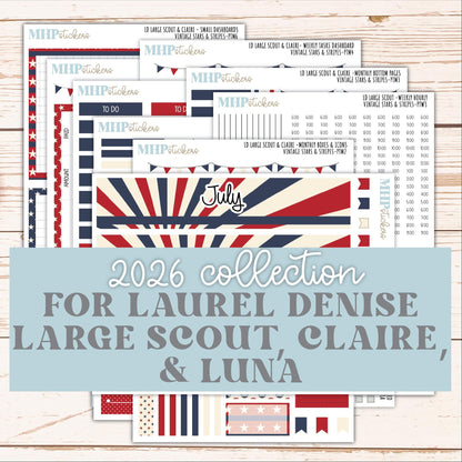 JULY 2026 Stickers for the Large Scout & Large Claire Laurel Denise Planners "Vintage Stars and Stripes" || PT