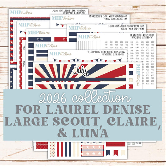 JULY 2026 Stickers for the Large Scout & Large Claire Laurel Denise Planners "Vintage Stars and Stripes" || PT
