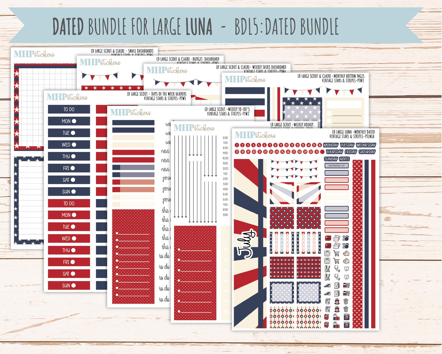 JULY 2026 Stickers for the Large Scout & Large Claire Laurel Denise Planners "Vintage Stars and Stripes" || PT