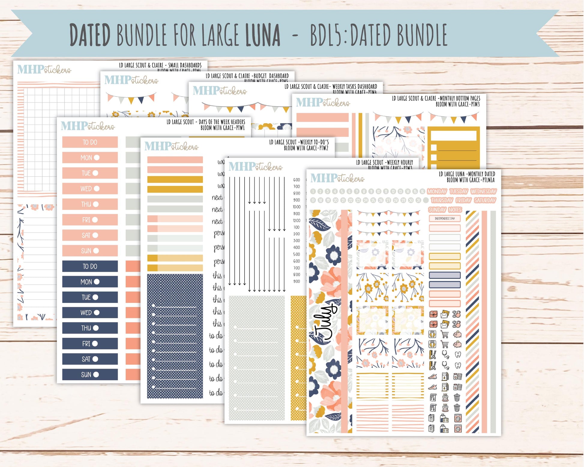 JULY 2026 Stickers for the Large Scout, Large Claire and Large Luna Laurel Denise Planners "Bloom with Grace" || PT