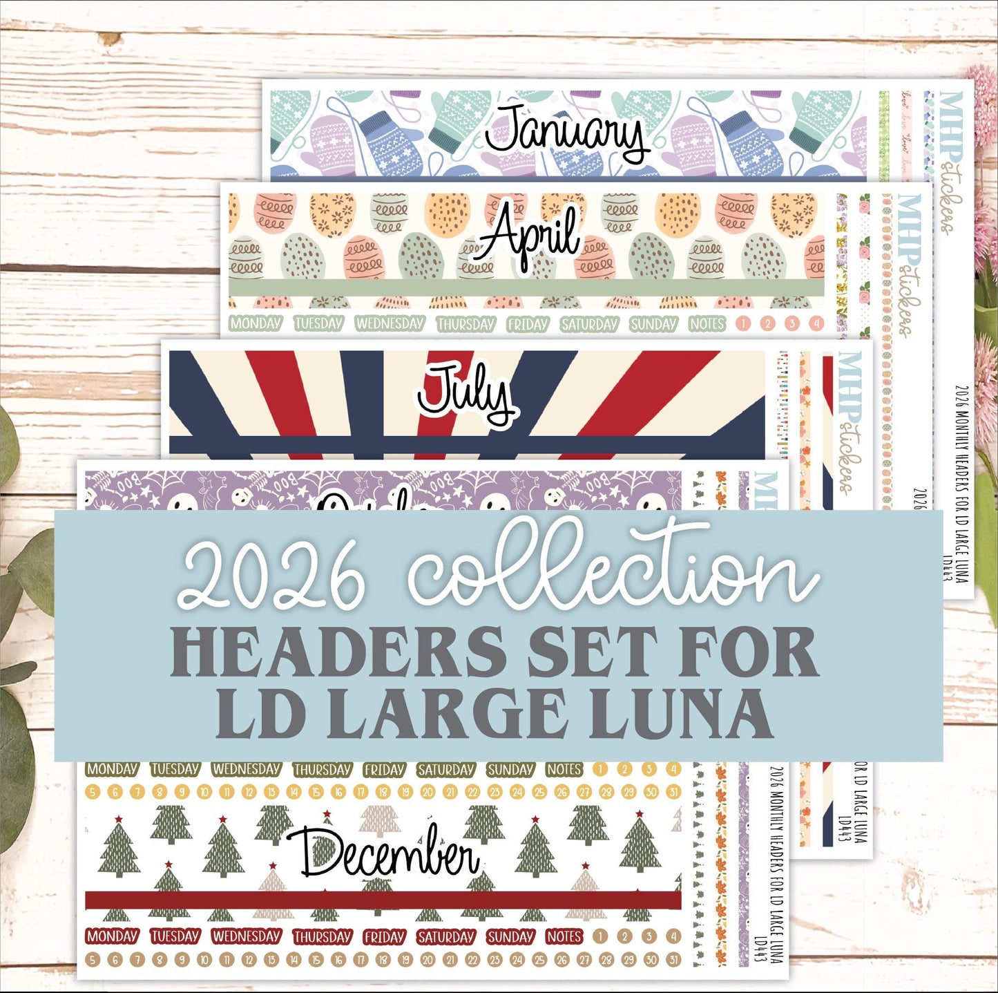 2026 Monthly Headers Set for the Large Luna Laurel Denise Planners || LD443