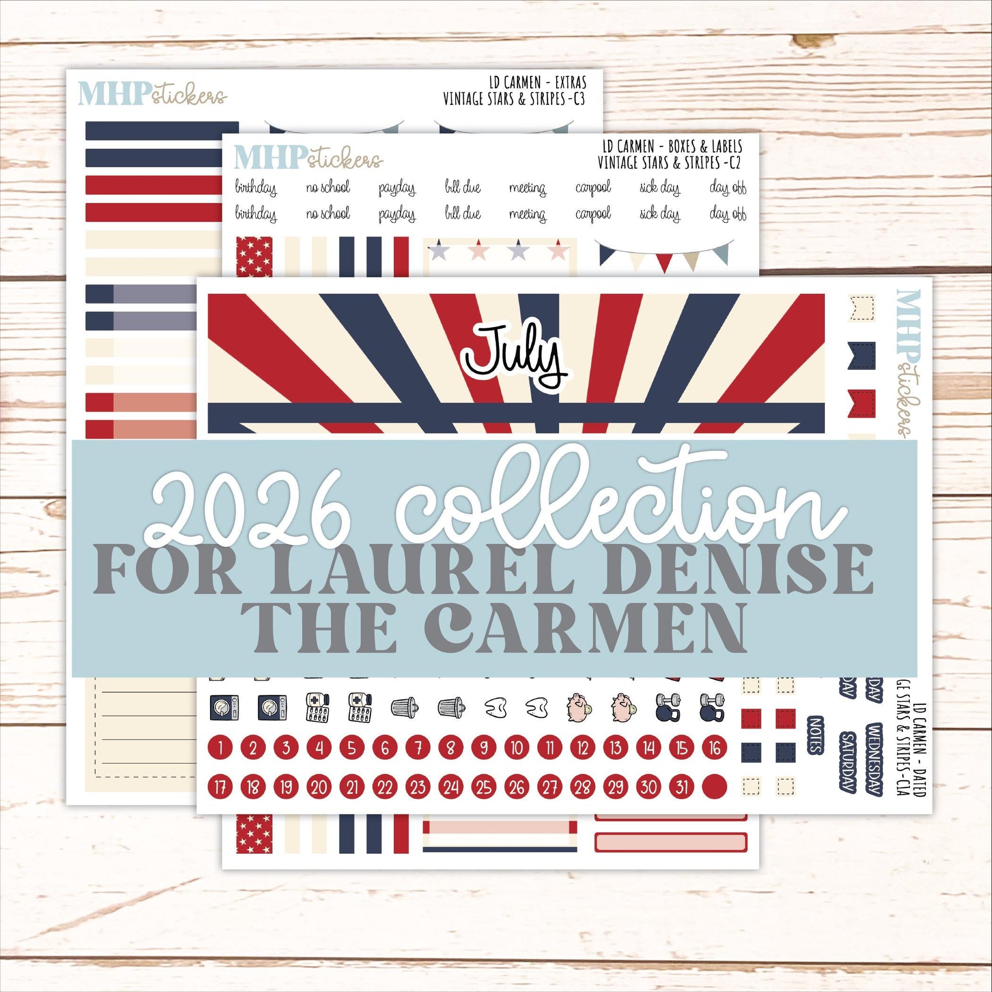 JULY 2026 Stickers for The Carmen Laurel Denise Planner "Vintage Stars & Stripes" || C