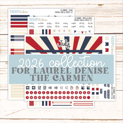 JULY 2026 Stickers for The Carmen Laurel Denise Planner "Vintage Stars & Stripes" || C
