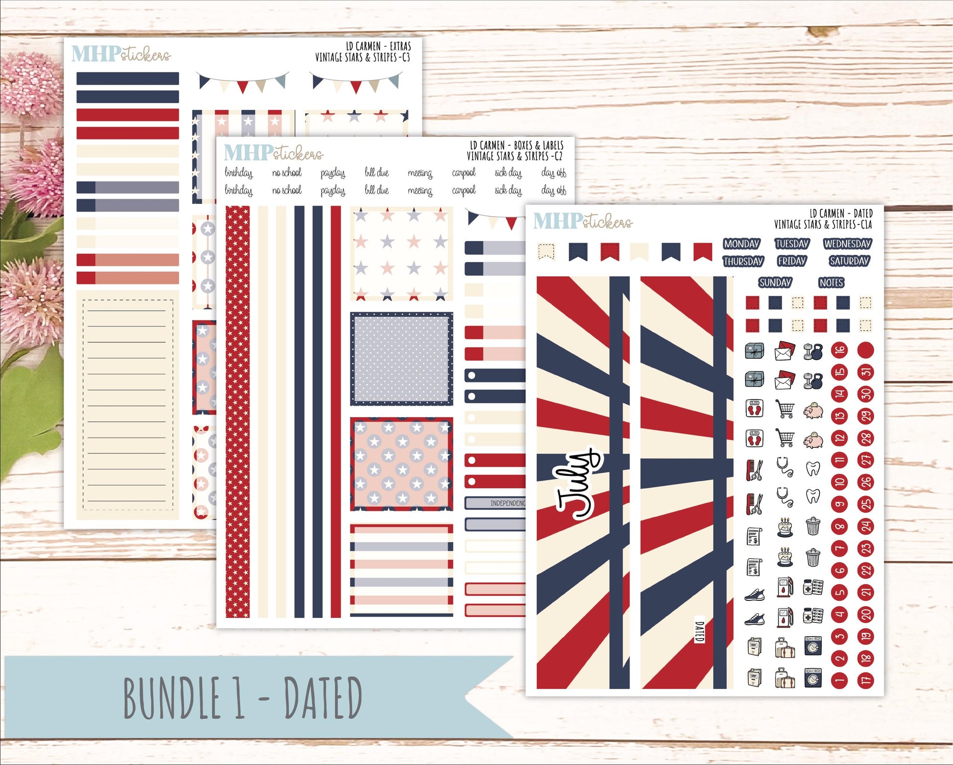 JULY 2026 Stickers for The Carmen Laurel Denise Planner "Vintage Stars & Stripes" || C