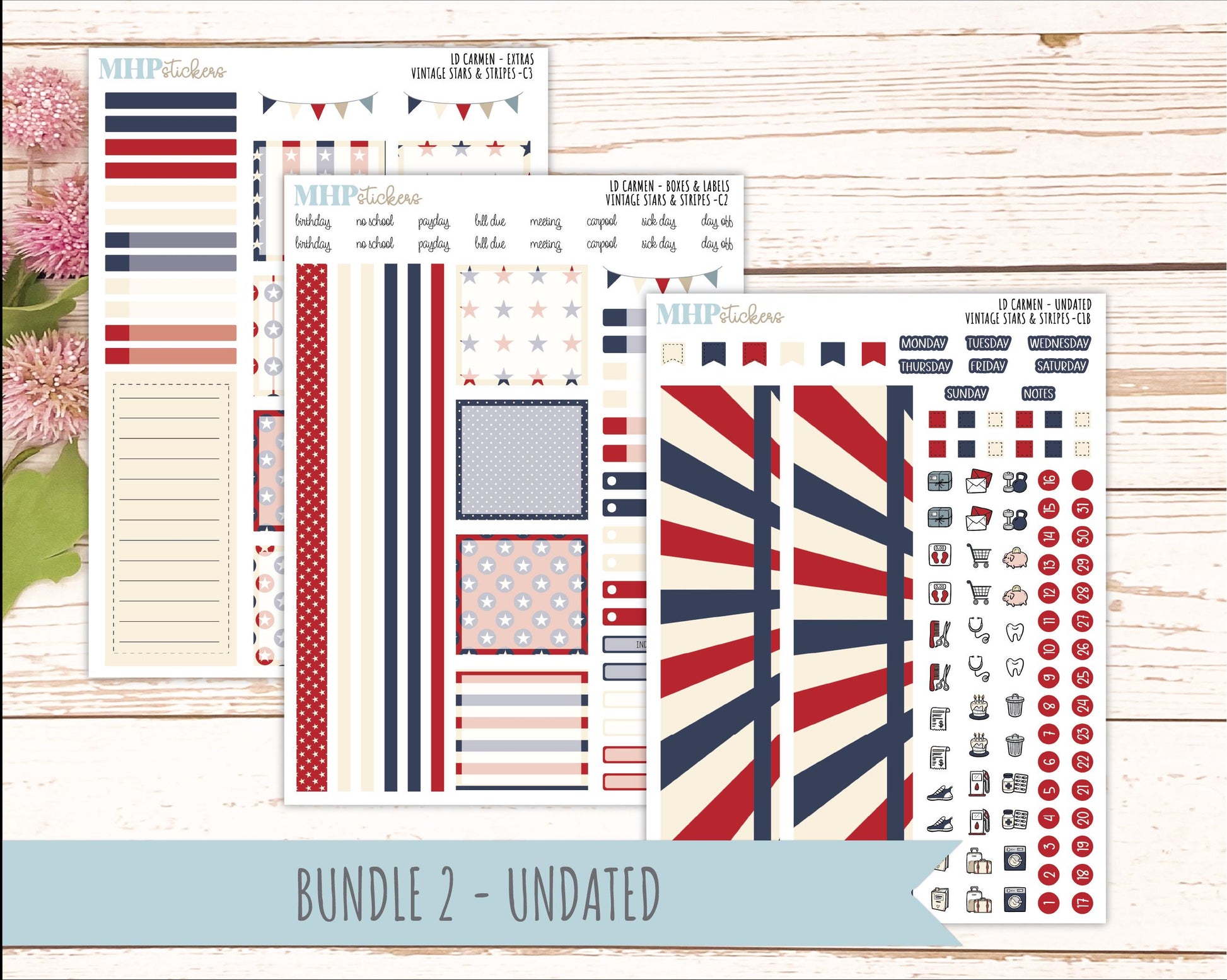 JULY 2026 Stickers for The Carmen Laurel Denise Planner "Vintage Stars & Stripes" || C