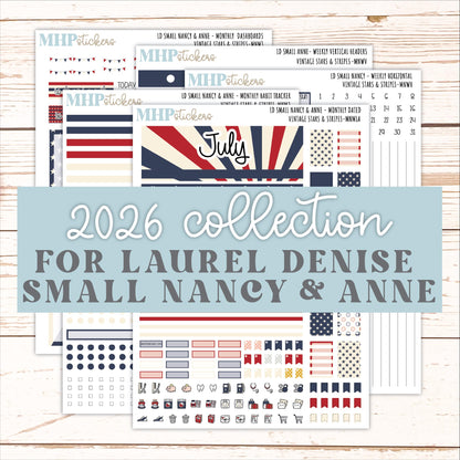 JULY 2026 Stickers for Small Nancy & Anne Laurel Denise Planners "Vintage Stars and Stripes" || MN