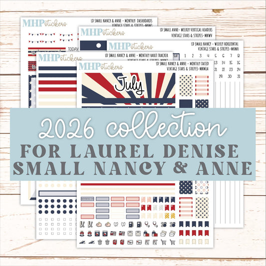 JULY 2026 Stickers for Small Nancy & Anne Laurel Denise Planners "Vintage Stars and Stripes" || MN