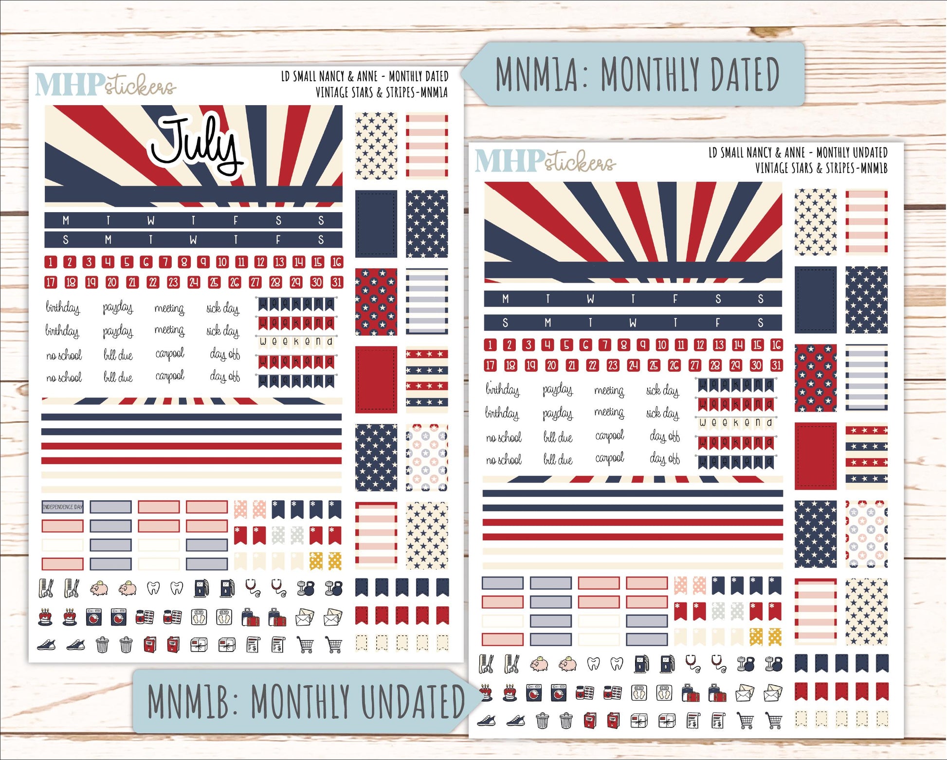 JULY 2026 Stickers for Small Nancy & Anne Laurel Denise Planners "Vintage Stars and Stripes" || MN