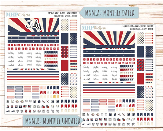 JULY 2026 Stickers for Small Nancy & Anne Laurel Denise Planners "Vintage Stars and Stripes" || MN