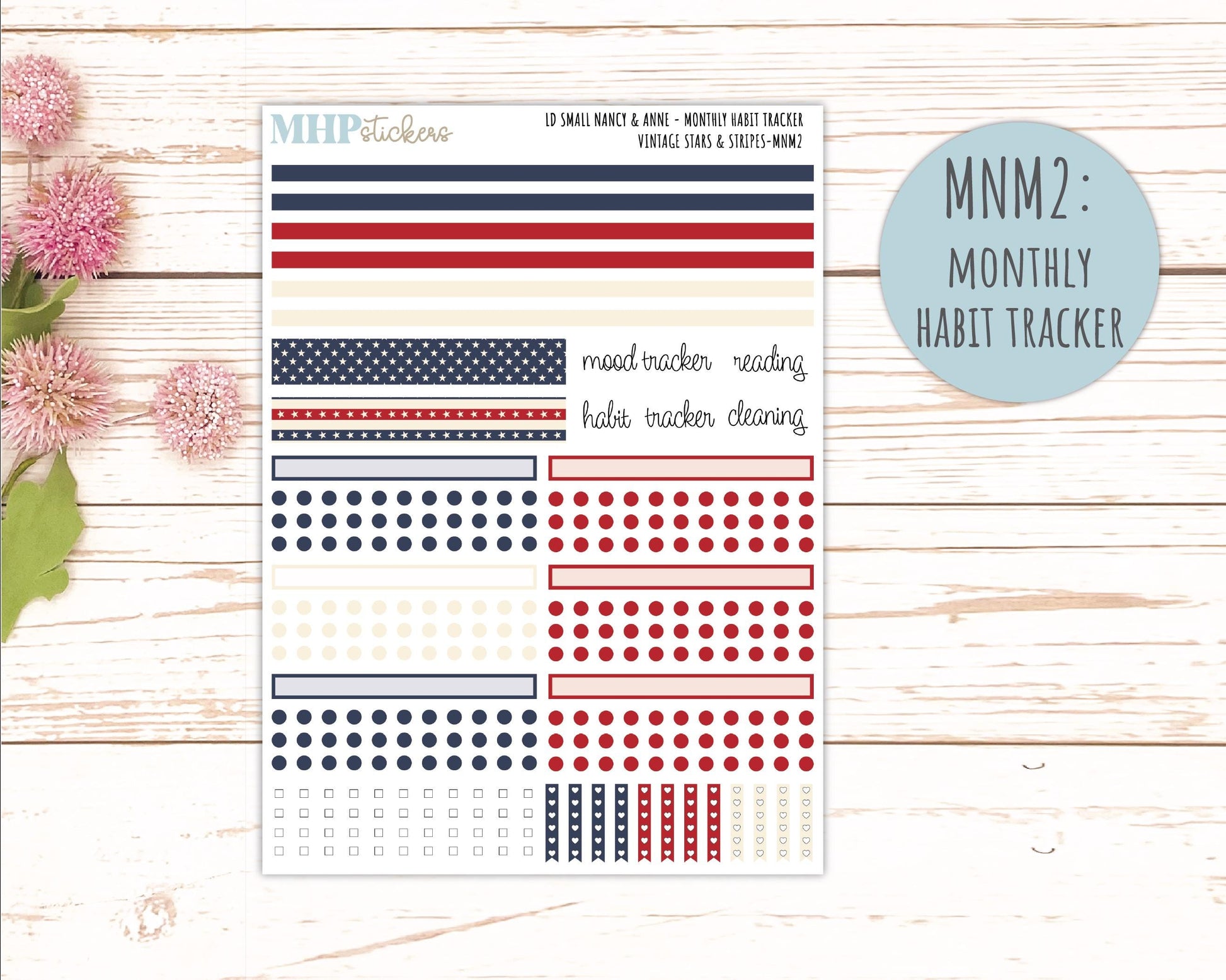 JULY 2026 Stickers for Small Nancy & Anne Laurel Denise Planners "Vintage Stars and Stripes" || MN