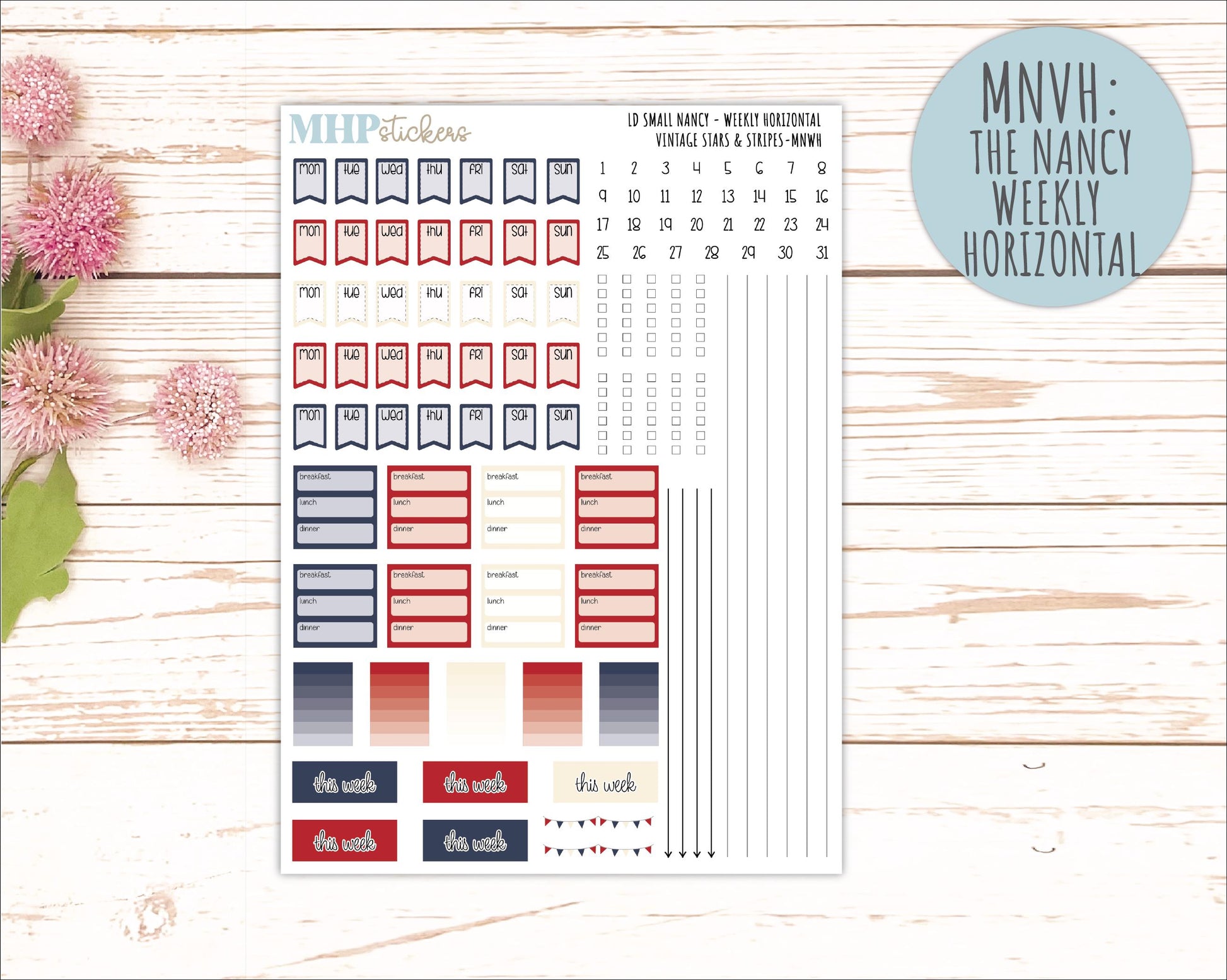 JULY 2026 Stickers for Small Nancy & Anne Laurel Denise Planners "Vintage Stars and Stripes" || MN