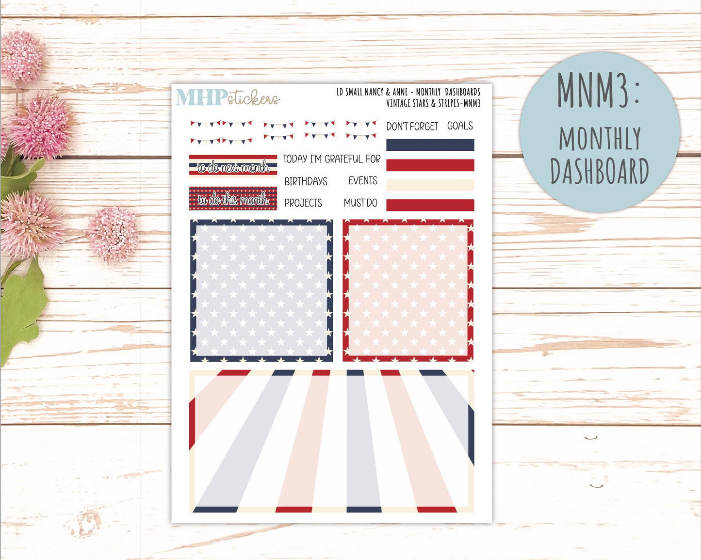 JULY 2026 Stickers for Small Nancy & Anne Laurel Denise Planners "Vintage Stars and Stripes" || MN