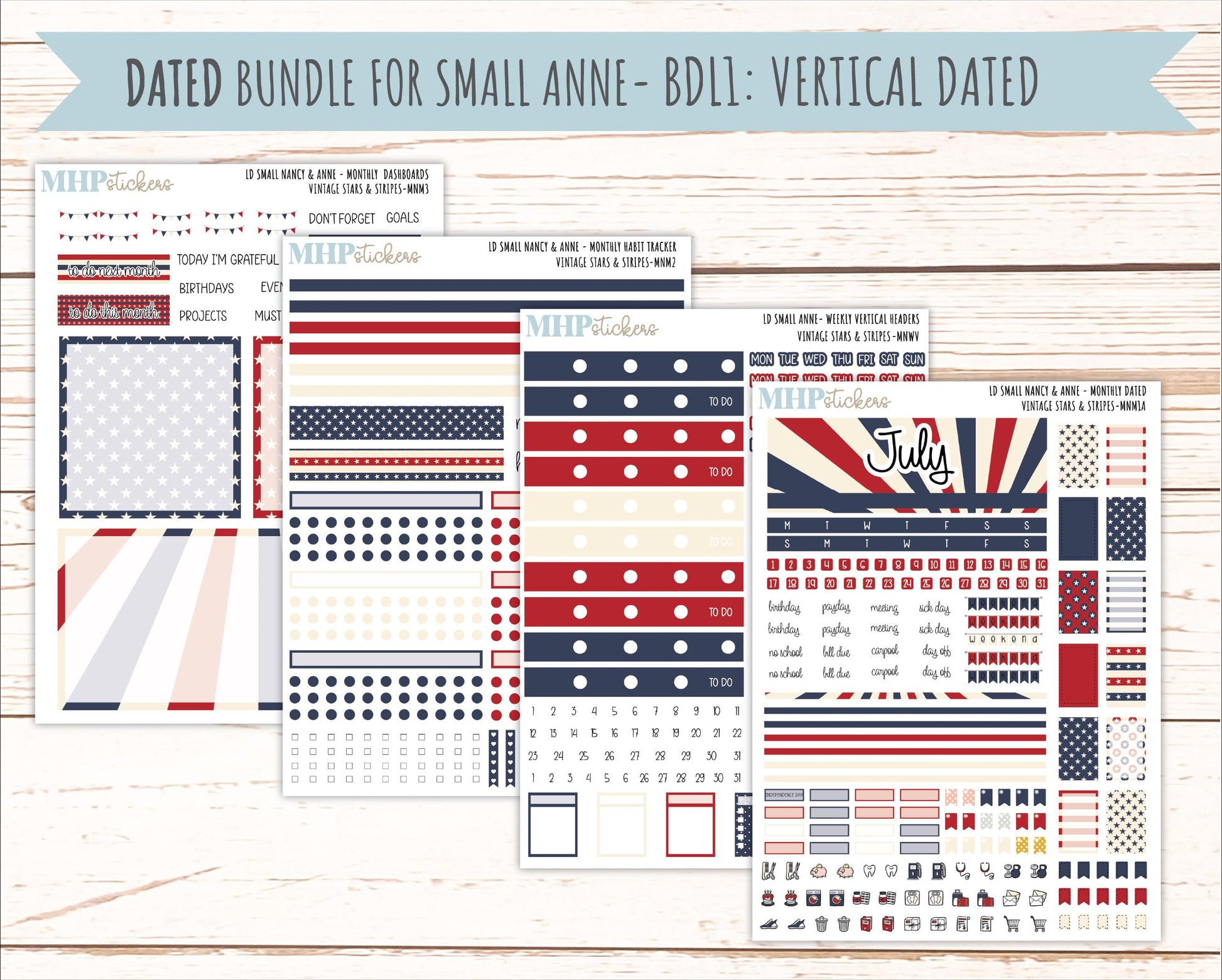 JULY 2026 Stickers for Small Nancy & Anne Laurel Denise Planners "Vintage Stars and Stripes" || MN