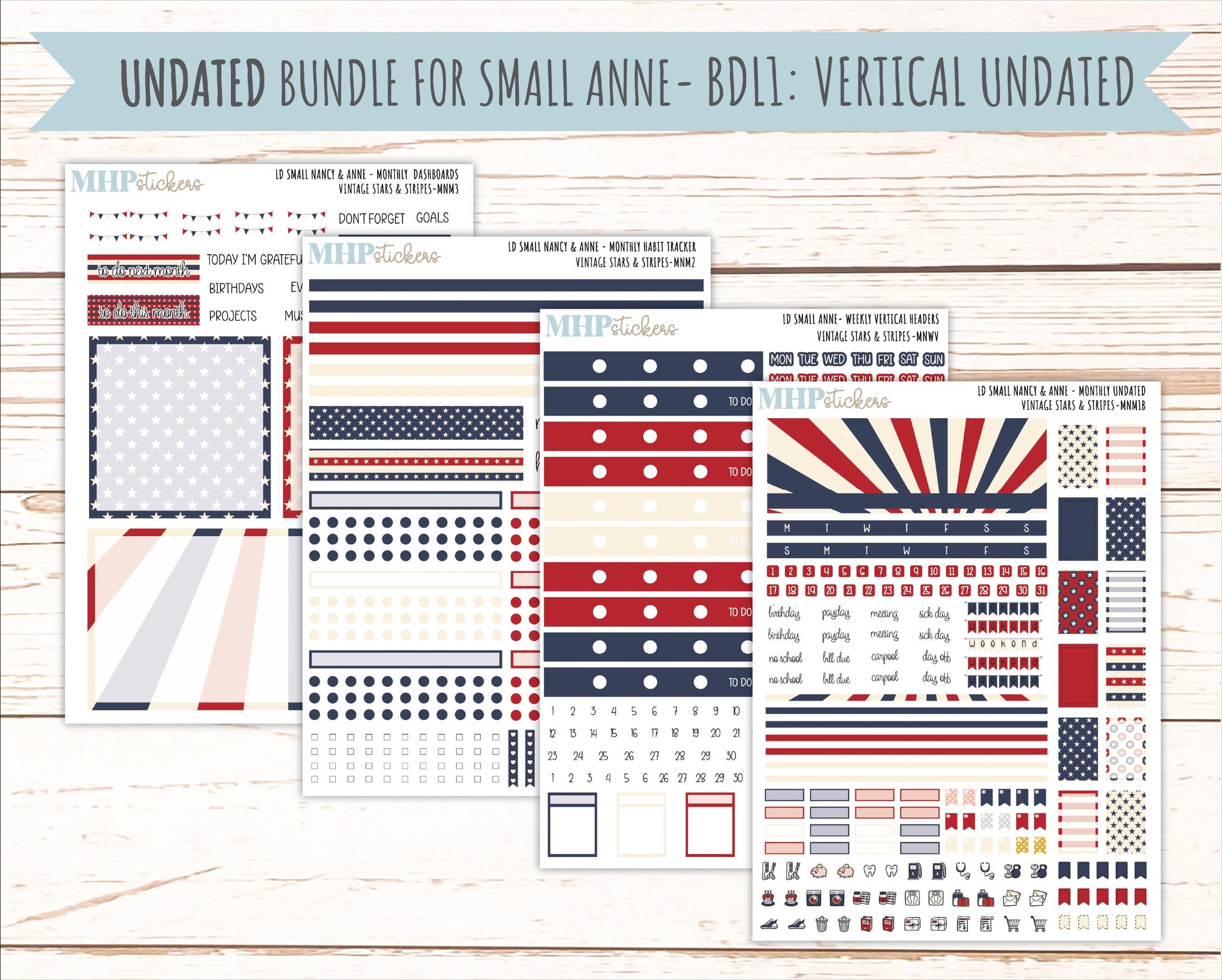 JULY 2026 Stickers for Small Nancy & Anne Laurel Denise Planners "Vintage Stars and Stripes" || MN