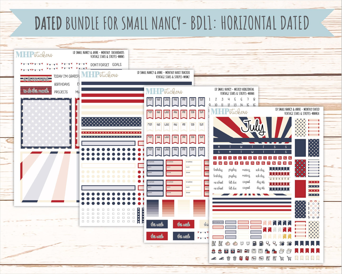 JULY 2026 Stickers for Small Nancy & Anne Laurel Denise Planners "Vintage Stars and Stripes" || MN