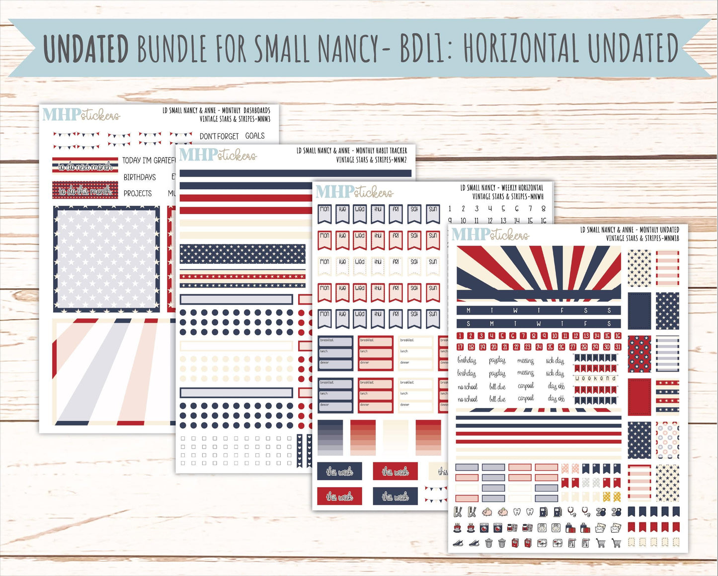 JULY 2026 Stickers for Small Nancy & Anne Laurel Denise Planners "Vintage Stars and Stripes" || MN