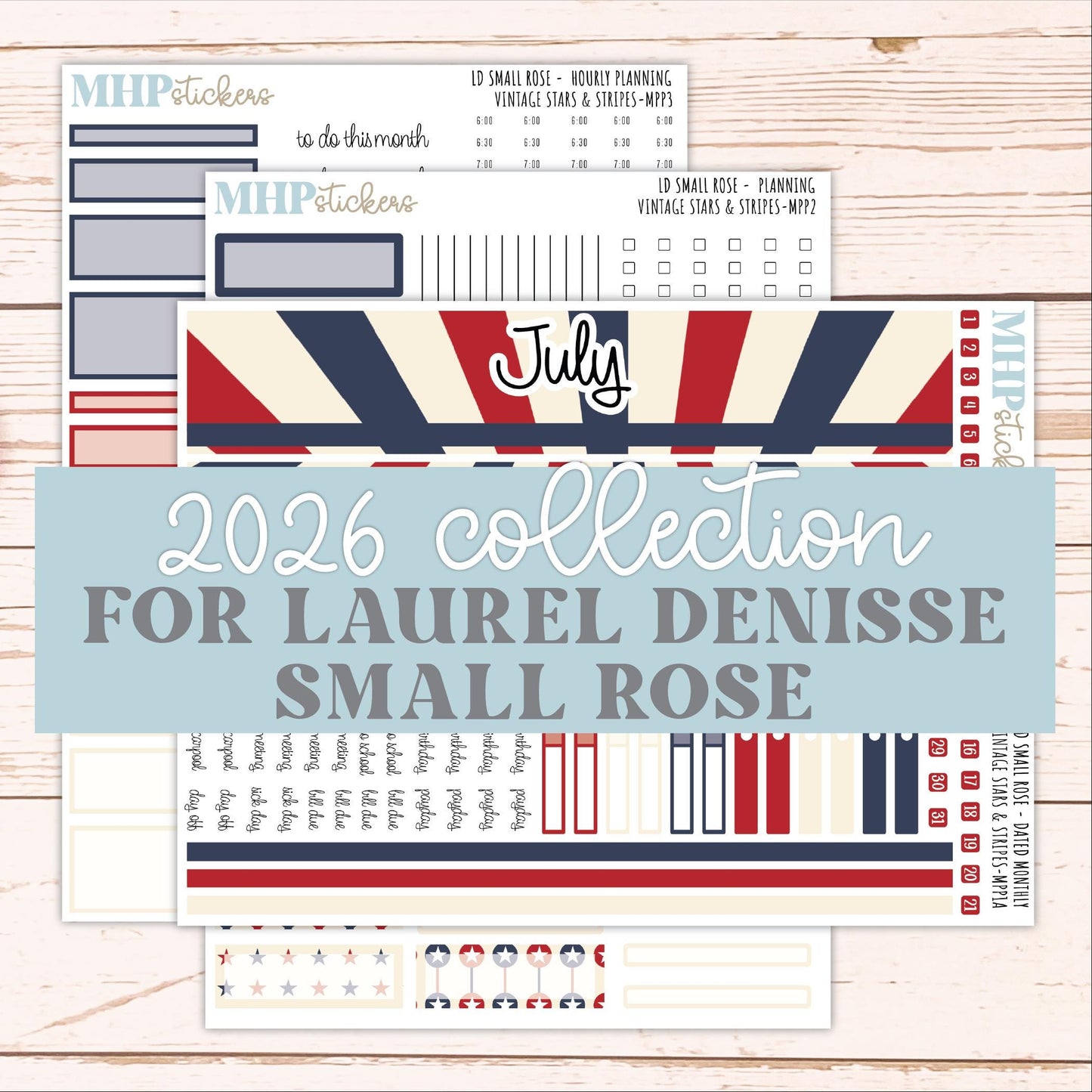 JULY 2026 Stickers for The Small Rose Laurel Denise Planner. "Vintage Stars & Stripes" || MPP