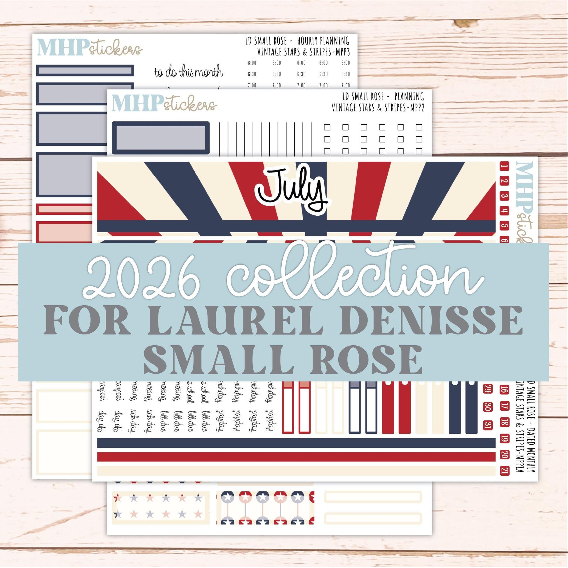 JULY 2026 Stickers for The Small Rose Laurel Denise Planner. "Vintage Stars & Stripes" || MPP