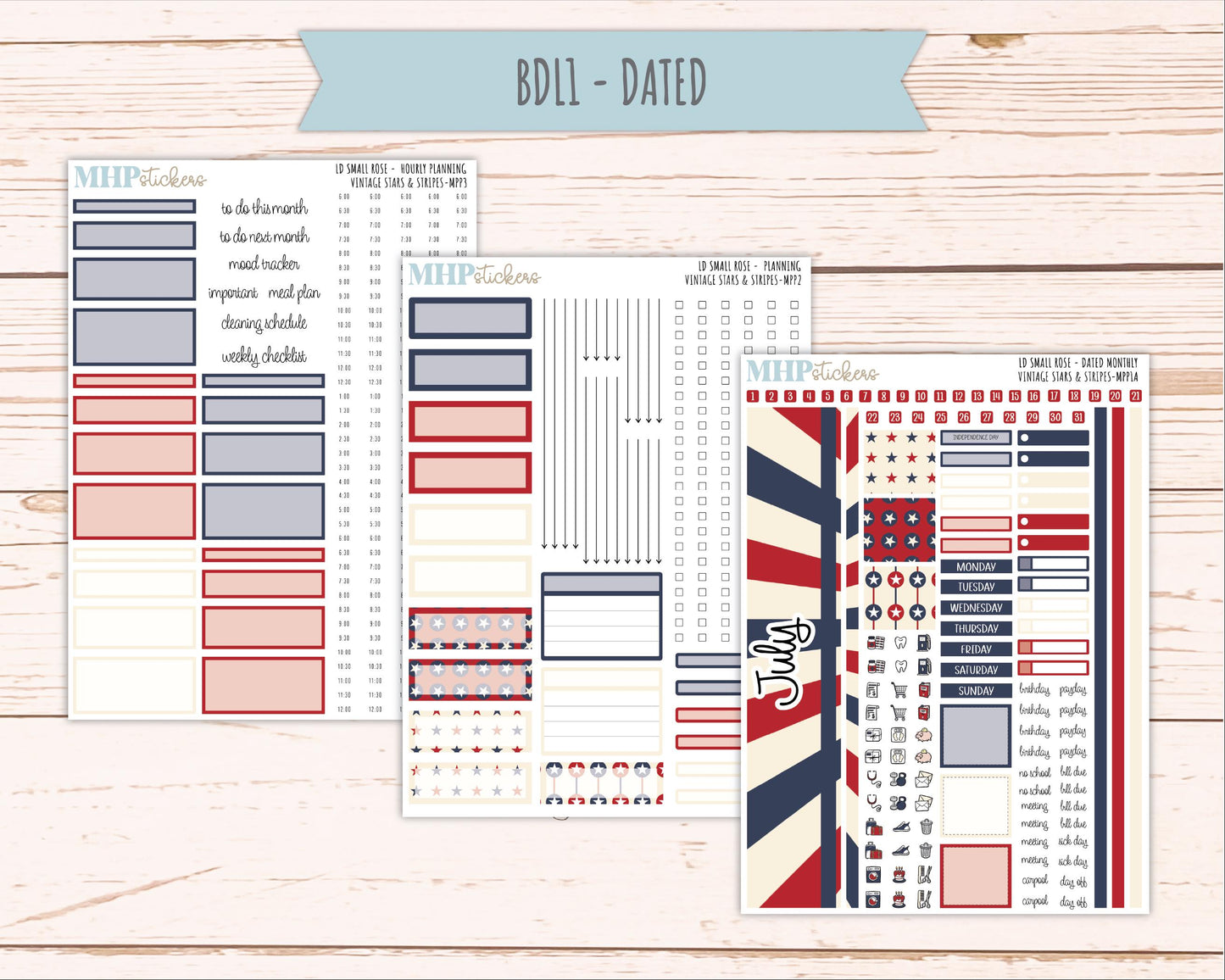 JULY 2026 Stickers for The Small Rose Laurel Denise Planner. "Vintage Stars & Stripes" || MPP