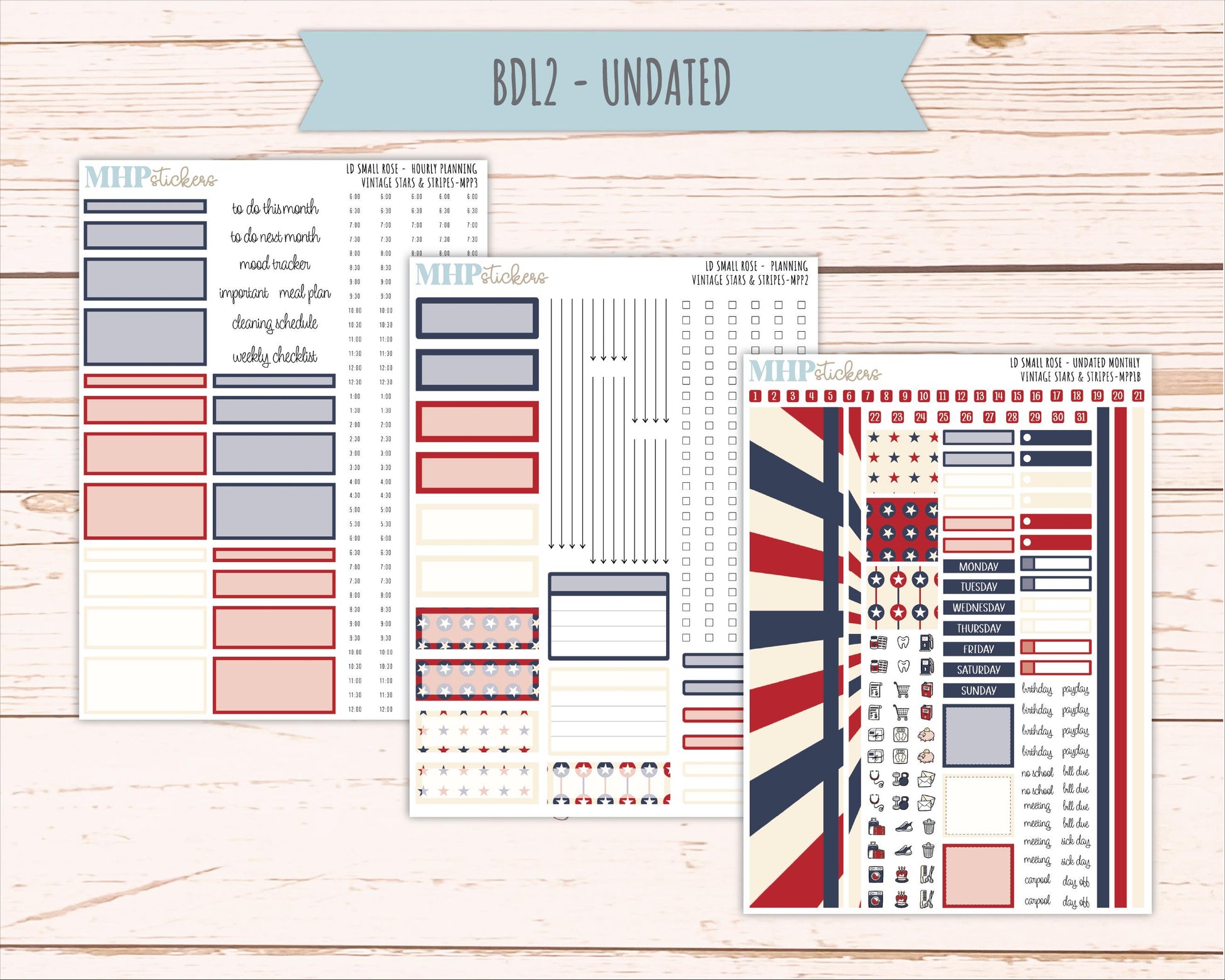 JULY 2026 Stickers for The Small Rose Laurel Denise Planner. "Vintage Stars & Stripes" || MPP
