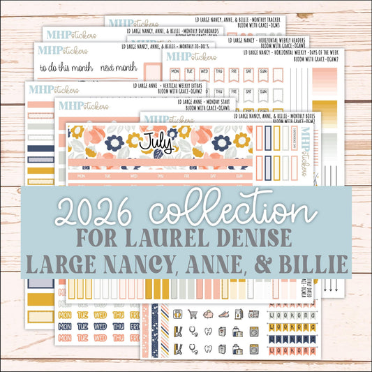 JULY 2026 Stickers for Large Nancy, Anne, & Billie Planners. Laurel Denise Planners. "Bloom with Grace" || OG