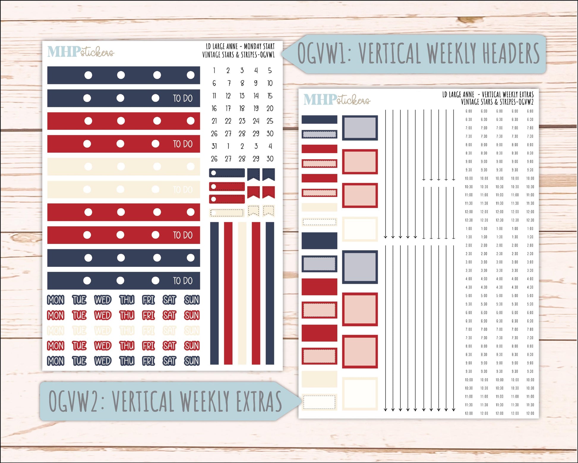 JULY 2026 Stickers for Large Nancy, Anne, & Billie Planners. Laurel Denise Planners. "Vintage Stars and Stripes" || OG