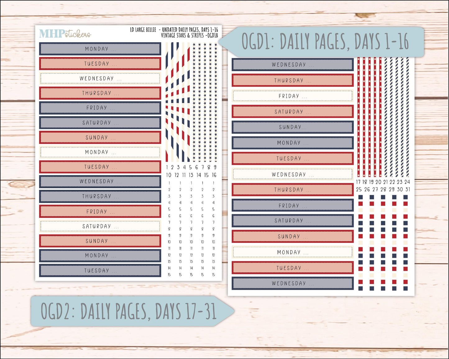 JULY 2026 Stickers for Large Nancy, Anne, & Billie Planners. Laurel Denise Planners. "Vintage Stars and Stripes" || OG
