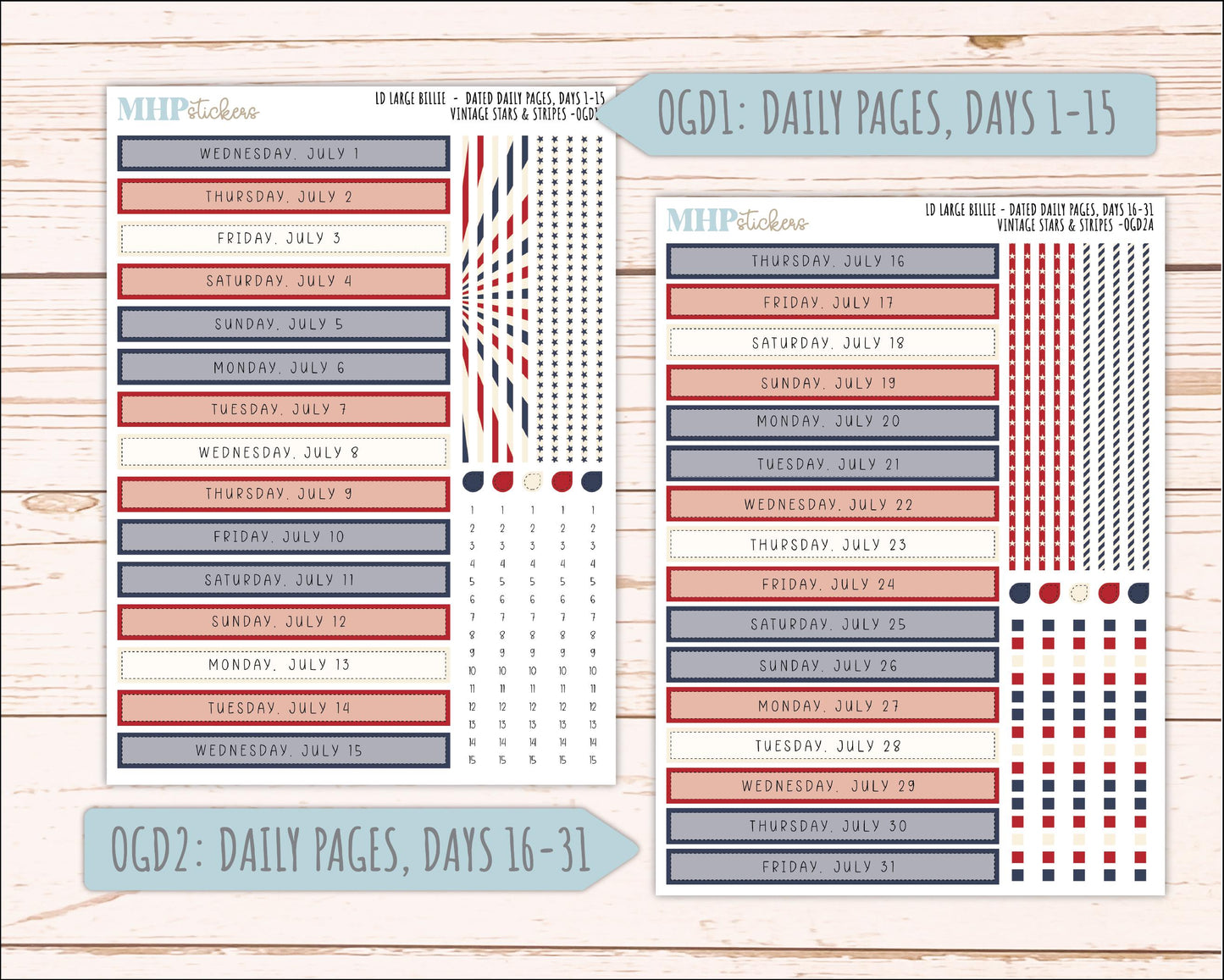 JULY 2026 Stickers for Large Nancy, Anne, & Billie Planners. Laurel Denise Planners. "Vintage Stars and Stripes" || OG