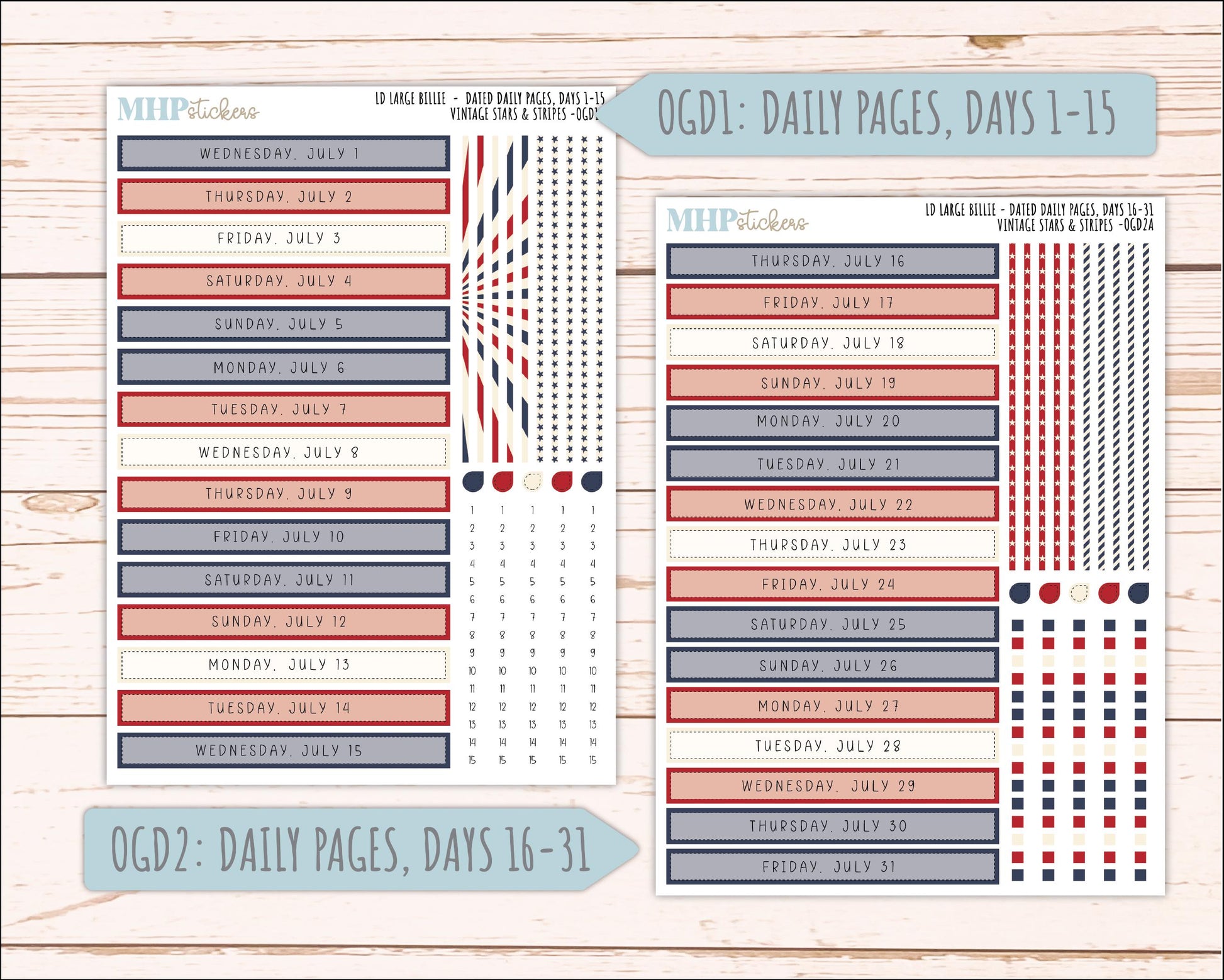 JULY 2026 Stickers for Large Nancy, Anne, & Billie Planners. Laurel Denise Planners. "Vintage Stars and Stripes" || OG