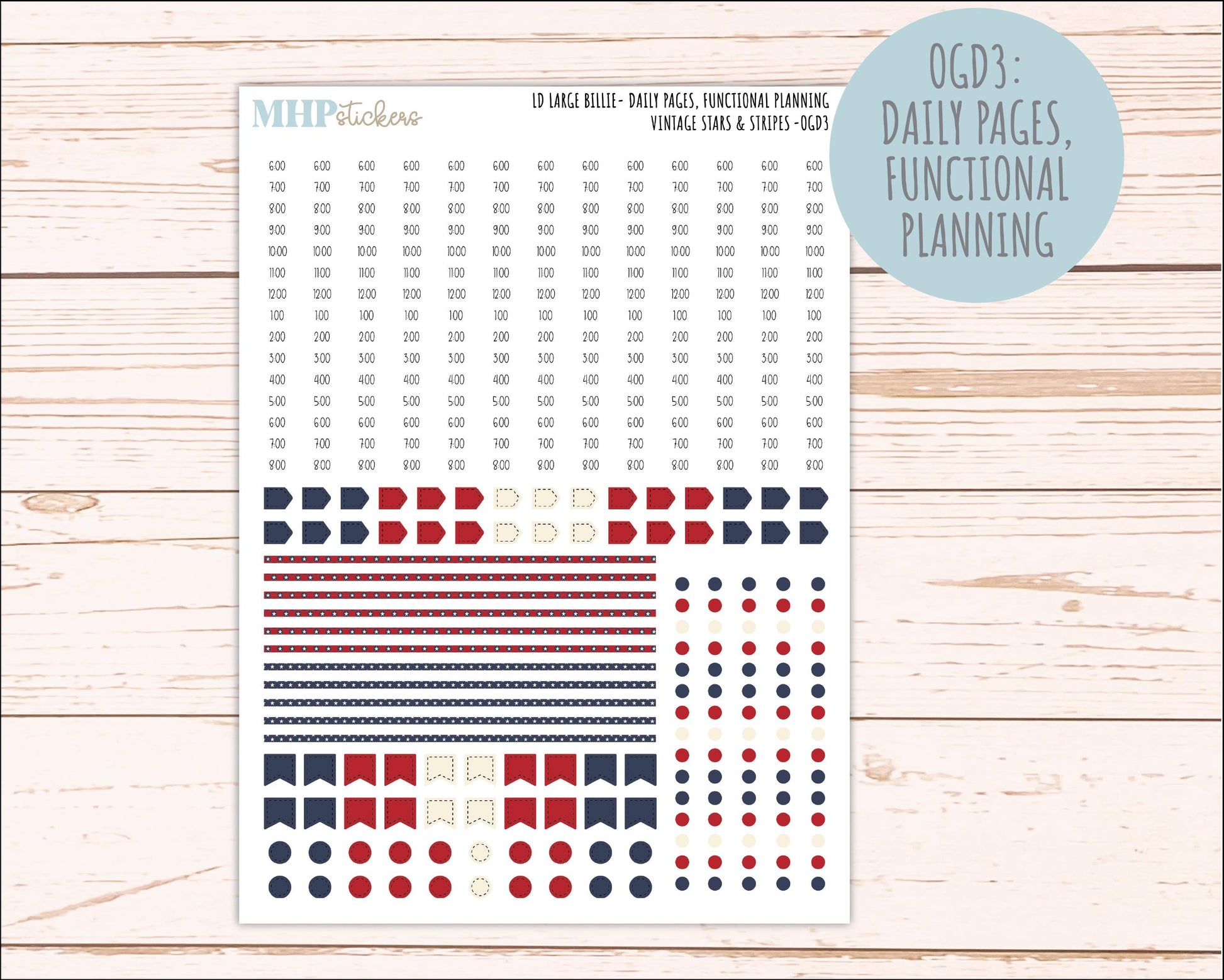 JULY 2026 Stickers for Large Nancy, Anne, & Billie Planners. Laurel Denise Planners. "Vintage Stars and Stripes" || OG