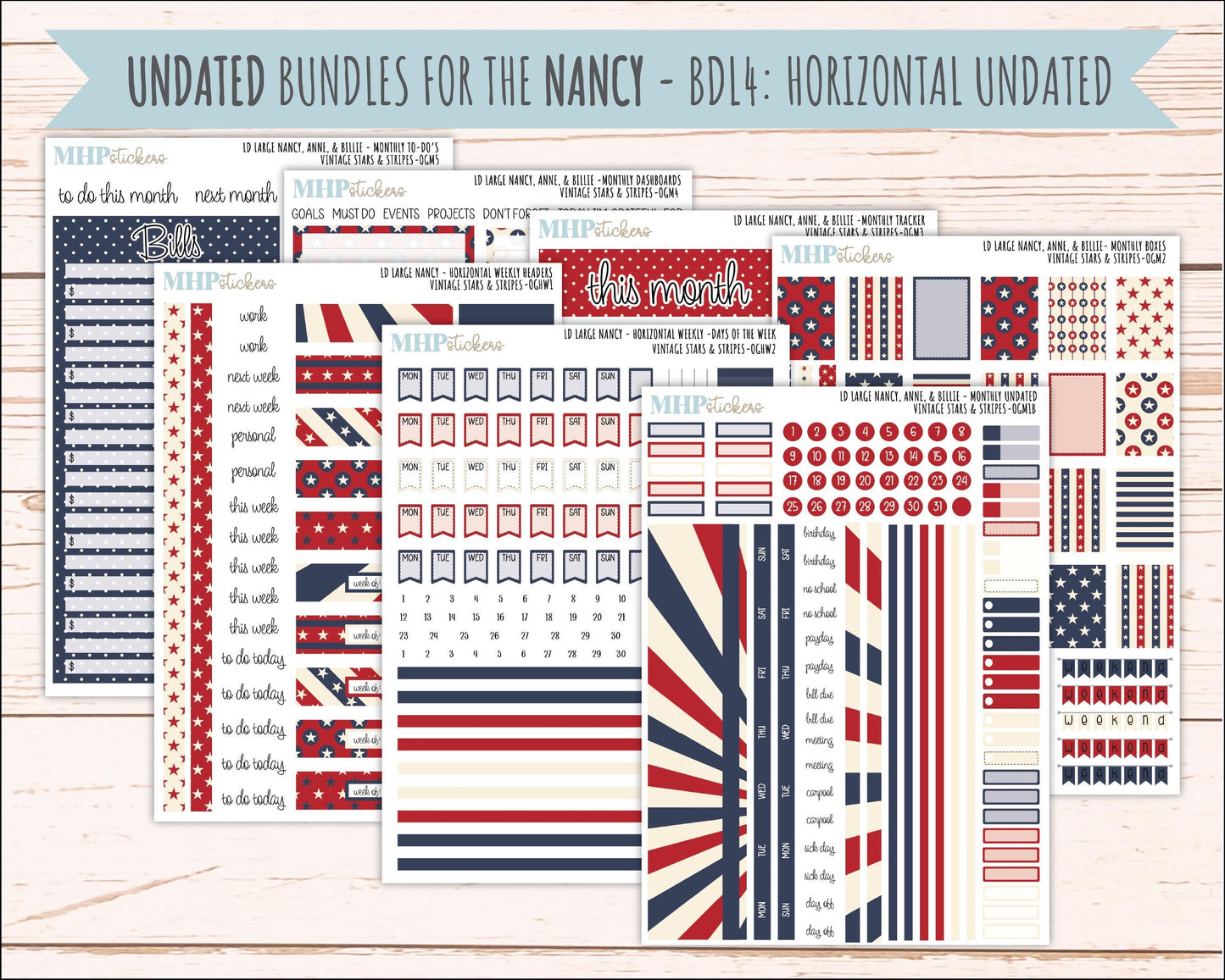 JULY 2026 Stickers for Large Nancy, Anne, & Billie Planners. Laurel Denise Planners. "Vintage Stars and Stripes" || OG