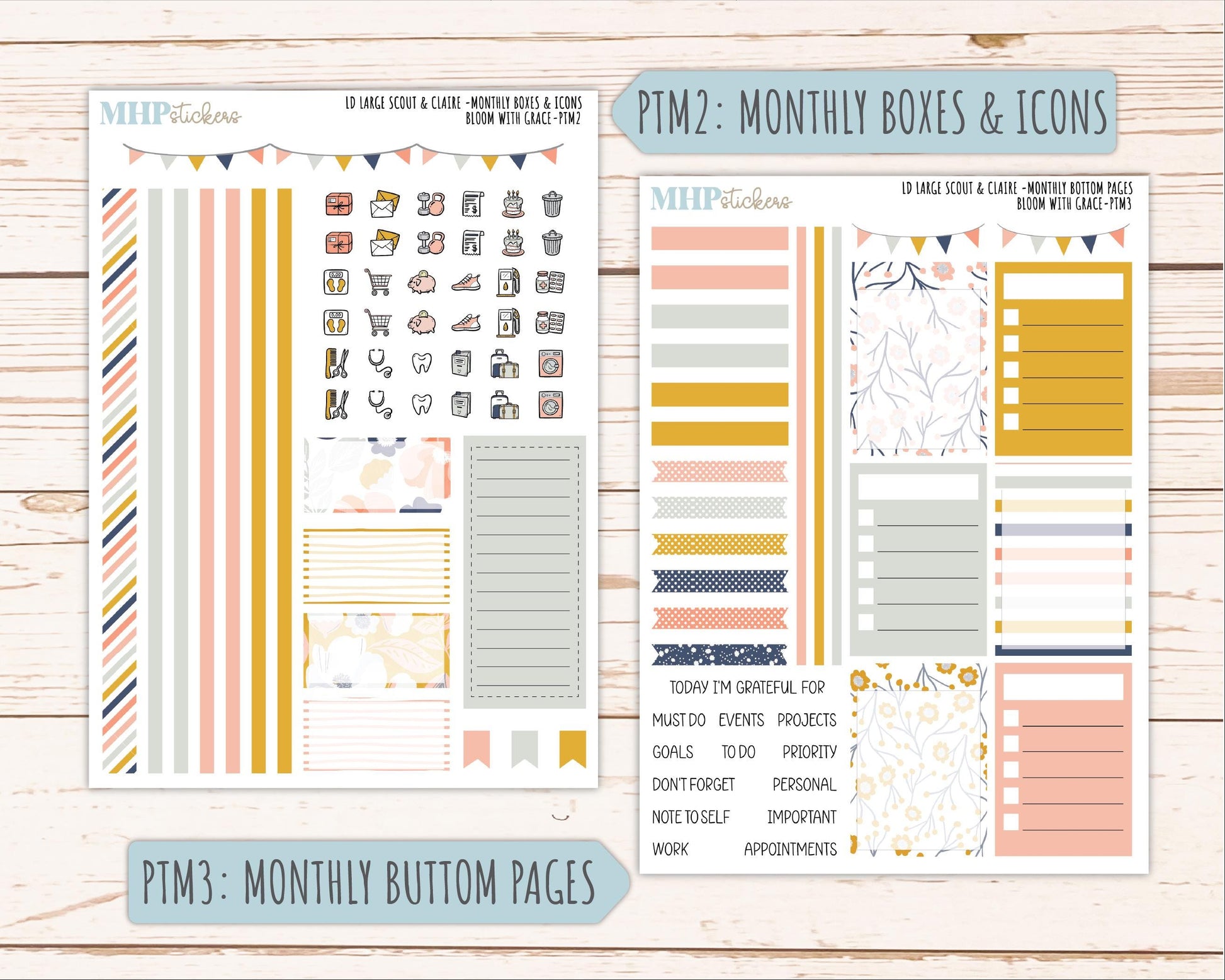 JULY 2026 Stickers for the Large Scout, Large Claire and Large Luna Laurel Denise Planners "Bloom with Grace" || PT