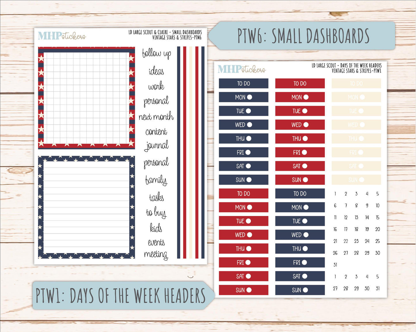 JULY 2026 Stickers for the Large Scout & Large Claire Laurel Denise Planners "Vintage Stars and Stripes" || PT