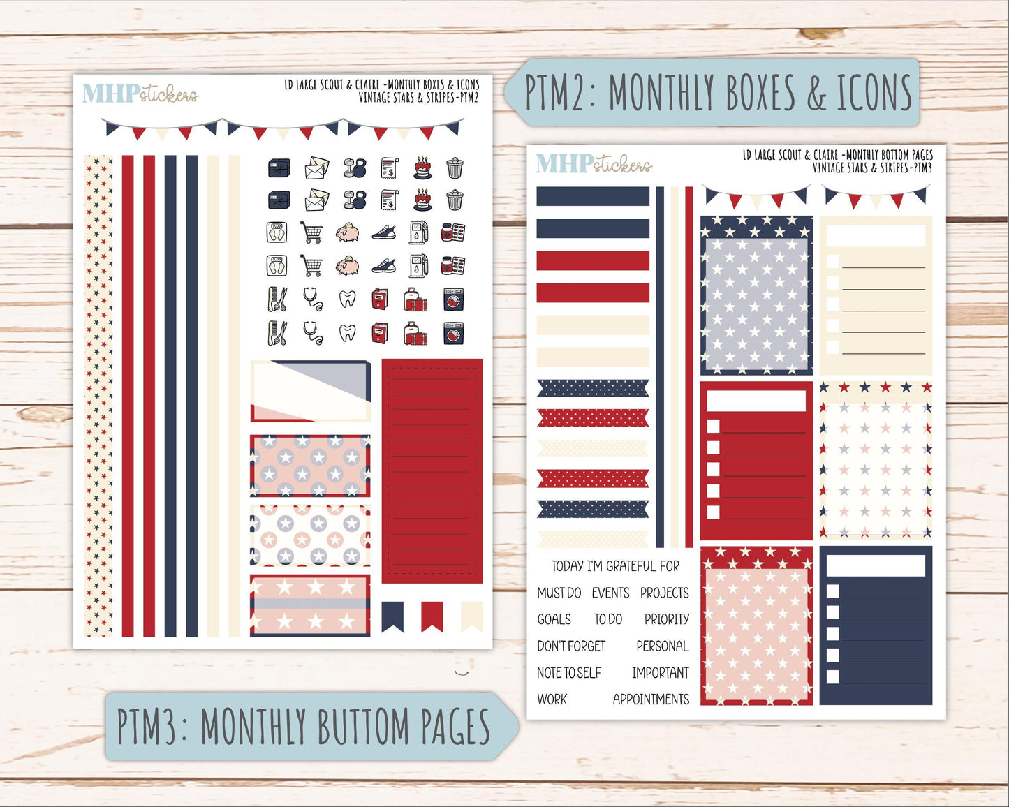 JULY 2026 Stickers for the Large Scout & Large Claire Laurel Denise Planners "Vintage Stars and Stripes" || PT