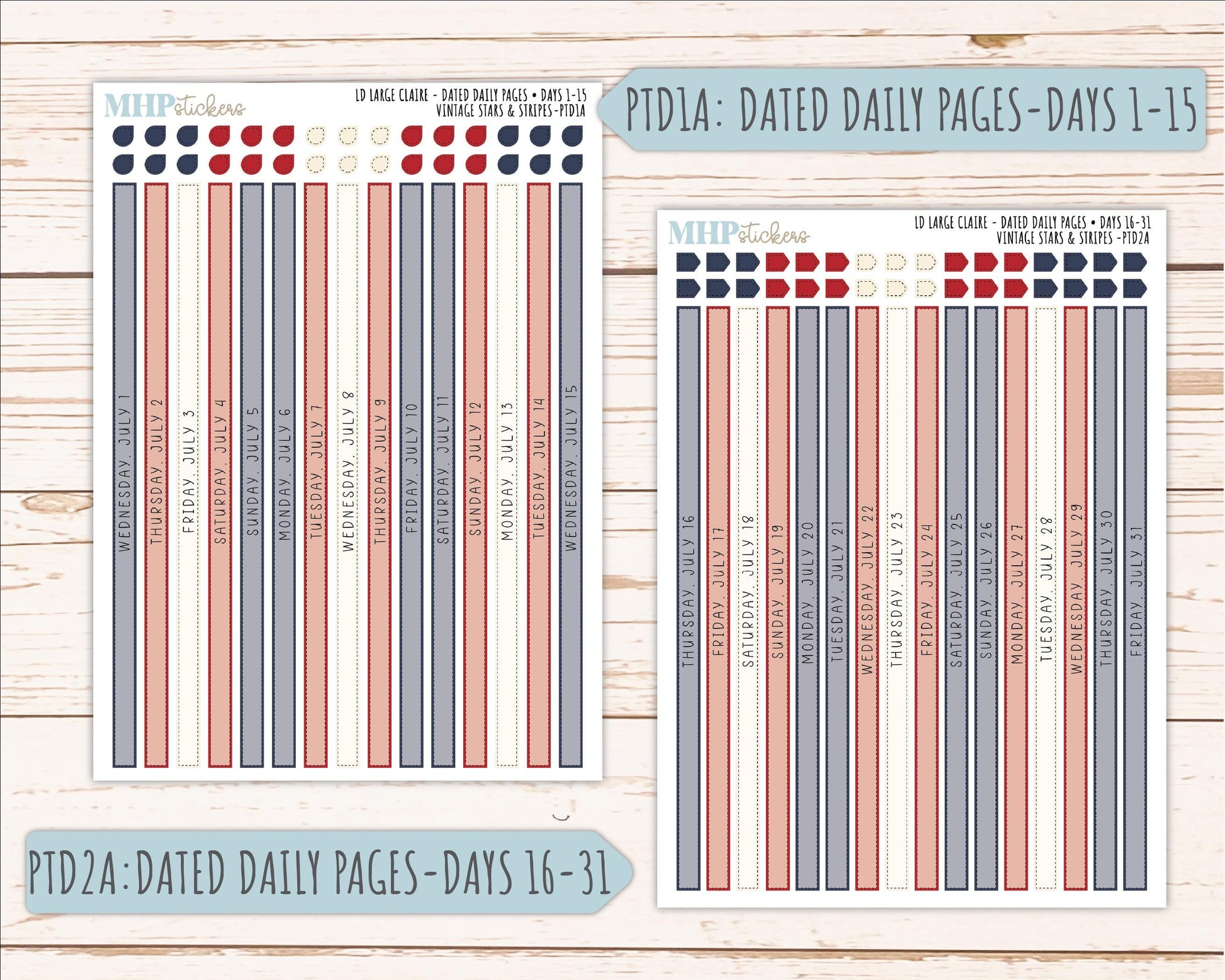 JULY 2026 Stickers for the Large Scout & Large Claire Laurel Denise Planners "Vintage Stars and Stripes" || PT