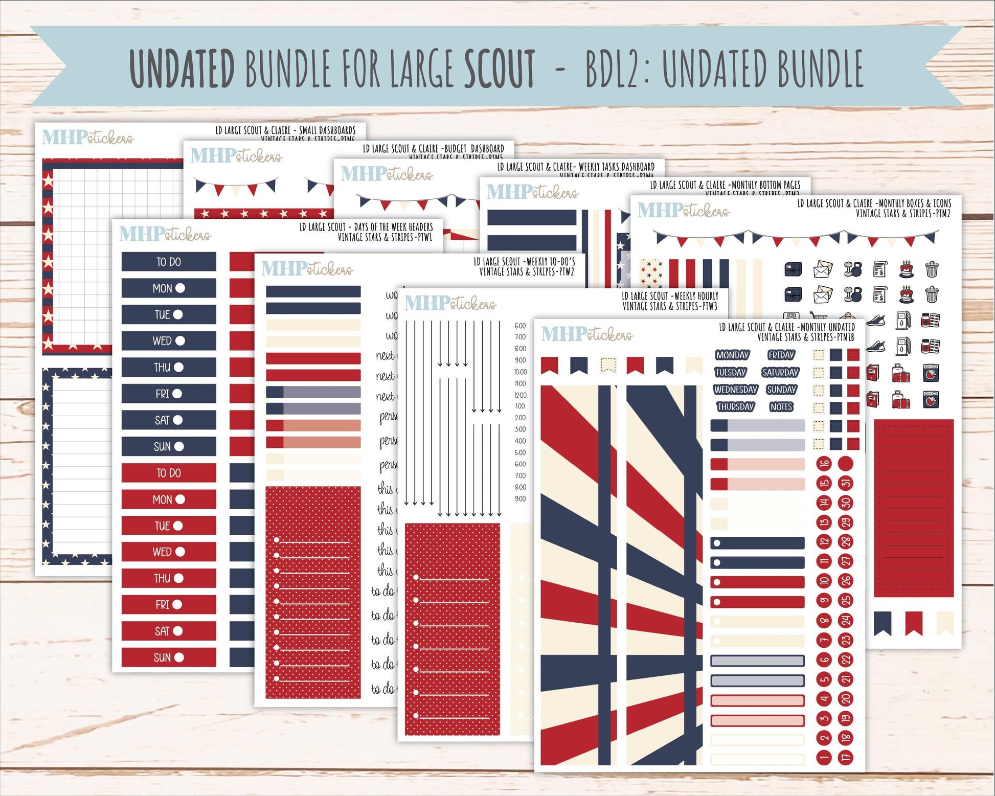 JULY 2026 Stickers for the Large Scout & Large Claire Laurel Denise Planners "Vintage Stars and Stripes" || PT