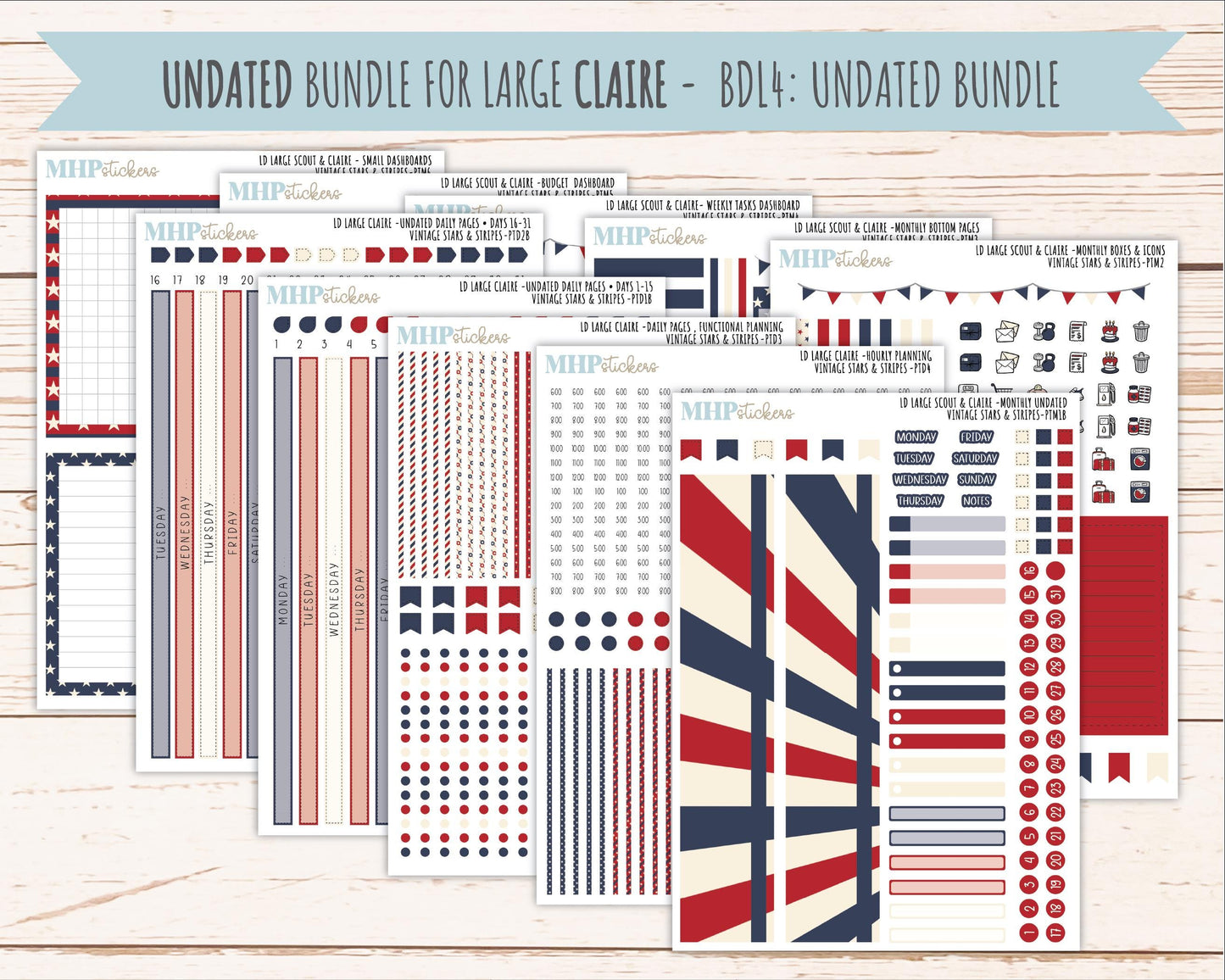 JULY 2026 Stickers for the Large Scout & Large Claire Laurel Denise Planners "Vintage Stars and Stripes" || PT